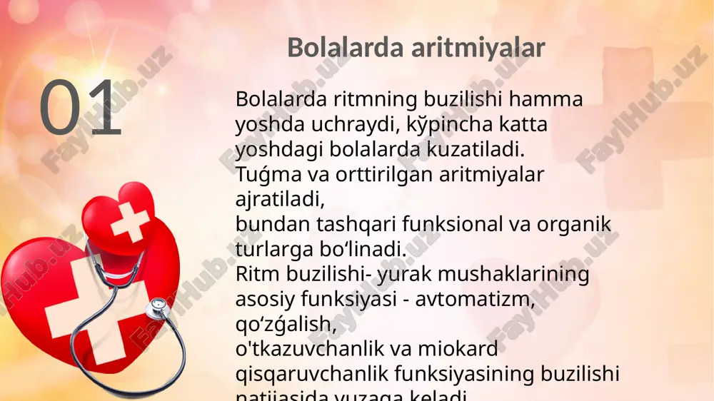 taxikardiya - yurak urishining birdaniga tezlashish xuruji (1 minutda 160-180 dan ortiq). supraventrikulyar va qorinchalar paroksizmal taxikardiyasi ajratiladi. kelib chiqishiga koʻra, paroksizmal taxikardiya qoʻshimcha o'tkazuvchanlik yoʻli mavjudligi bilan boǵlangan qaytalanuvchi qoʻzǵalishga boǵliq 14 paroksizmal taxikardiya xurujlari toʻsatdan boshlanadi. katta yoshli bolalar yurak sohasida yoqimsiz his, koʻkragida qisilish, epigastral sohada oǵriqdan shikoyat qiladi. baʼzida xurujlar bosh aylanishi, hushdan ketish, qayd qilish bilan kechadi. koʻrikda teri rangining oqarishi, hansirash, oysimon venalar pulsatsiyasi, qon aylanish buzilishi belgilari kuzatilishi mumkin. yurak chegaralari odatda oʼzgarmaydi, tonlari aniq. yaqqol taxikardiya fonida yurak ritmining tebranuvchanligi - tonlar o'rtasidagi interval bitta xildaligi (embriokardiya) xarakterlidir. puls kichik toʻliqlikda, arterial bosim pasaygan. xurujlar davomiyligi bitta necha sekund, kun va oylargacha davom etadi. paroksizmal taxikardiya xurujlarini bartaraf qilish uchun birinichi navbatda adashgan nerv qoʻzǵalishiga mexanik ta'sir o'tkaziladi: karotid sinus (oʼngda) yoki koʻz olmasiga bosish kerak. bázida valsalva sinamasi samaralidir:chuqur nafas olib,ogʻzi va burnini qisib,bola kuchanadi medikamentoz dorilardan beta-adrenoblokatorlar yaxshi samara beradi. …