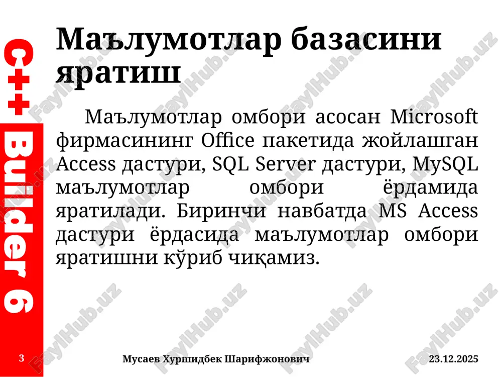 shidbek sharifjonovich 16 dasturi yordamida yangi ma'lumotlar bazasini yaratish uchun oynaning o'ng tomonidagi mysql_connect ning ustida sichqonchaning o'ng tomonini chertiladi. hosil bo'lgan menyudan new database… bandini tanlaymiz shunda quyidagicha oyna hosil bo'ladi. c++ builder 6 ma'lumotlar bazasini yaratish 06.11.2025 musaev xurshidbek sharifjonovich 17 c++ builder 6 ma'lumotlar bazasini dasturga ulash 06.11.2025 musaev xurshidbek sharifjonovich 18 mysql ma'lumotlar bazasini boshqarish tizimida yaratilgan ma'lumotlar omborini foydalanuvchi tomonidan yaratilayotgan ilovaga ulash uchun mysql connection qo'shimcha dasturi kerak bo'ladi. bu dastur yordamida mysql mbbt yaratilgan mb dasturga osongina ulanadi. mysql mbbtni ilovaga bog'lashning 2 xil usuli mavjud. c++ builder 6 ma'lumotlar bazasini dasturga ulash 06.11.2025 musaev xurshidbek sharifjonovich 19 birinchi usulida foydalanuvchi tomonidan yaratilgan dasturning o'zi ma'lumotlar bazasiga bog'lanib ishlaydi. bu vaqtda dastur yaratilgan kompyuterning o'zida ishlaydi, lekin boshqa kompyuterga olinganda bu dastur ishlashi noaniq bo'ladi. c++ builder 6 ma'lumotlar bazasini dasturga ulash 06.11.2025 musaev xurshidbek sharifjonovich 20 ikkinchi usulida kompyuterning panel upravleniya oynasi …