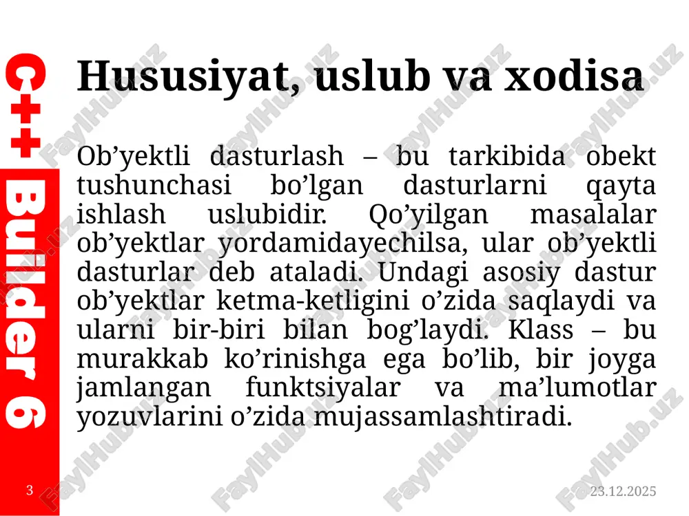 larni saqlaydigan obyektlar ro'yxati. barcha ro'yxatlar, menyular va setlarda ishlatiladi 06.11.2025 9 c++ builder 6 hususiyat, uslub va xodisa hususiyat vazifasi kind ob'yektning turi (turi). turli xil komponentlar uchun turli qiymatlarni qabul qilish mumkin left ob’yektning chap koordinatasi lines qatorlarning ro'yxati. ko'p chiziqli matn elementlarida ishlatiladigan name ob'yektning nomi (ushbu obyektga kirish uchun dasturda ishlatiladigan o'zgarmaydigan nom) options ob'yekt sozlamalari. turli xil komponentlar uchun alohida orientation ob’yektni yo’naltirish. gorizontal (udhorizontal) yoki vertikal (udvertical) picture rasm. grafik faylni, masalan, komponent tasvirini yuklash imkonini beradi 06.11.2025 10 c++ builder 6 hususiyat, uslub va xodisa hususiyat vazifasi position forma uchun - ekrandagi manzil. quyidagi qiymatlarni qabul qiladi: podesigned - dasturni bajarish vaqtida derazaning pozitsiyasi dizayn bosqichida ekrandagi forma pozitsiyasiga mos keladi; podefauft - joylashuv windows tomonidan aniqlanadi; podefauftposonfy - ishlab chiquvchi tomonidan belgilangan o’lchovlar qo’llaniladi; podefaultsizeonly - ishlab chiquvchi tomonidan ko’rsatilgan manzildan foydalaniladi; poscreencenter – ko’p monitorli ekranlar uchun ekranning markazida joylashgan; podesktopcenter …