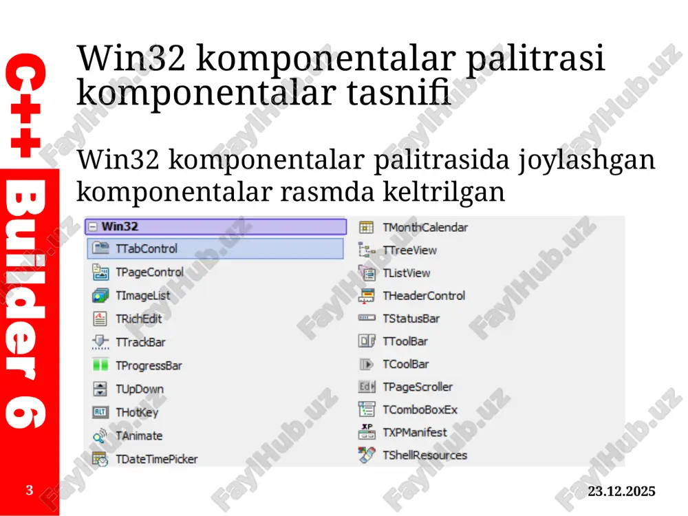 11 c++ builder 6 win32 komponentalar palitrasi komponentalar tasnifi tpagescroller(o'tkazish sahifasi) –butun ekranda mos kelmaydigan elementlarni o'tkazish uchun forma shaklida konteyner hosil qiladi. tcomboboxex(kengayadigan ochiladigan ro'yxat) –formada ochiladigan ro'yxatni yaratishga imkon beradi. 06.11.2025 12 c++ builder 6 system komponentalar palitrasi komponentalar tasnifi system komponentalar palitrasi komponentalari rasmda keltirilgan. 06.11.2025 13 c++ builder 6 system komponentalar palitrasi komponentalar tasnifi maxsus boshqaruv elementlari va interfaol interfeys elementlariga ulanishni ta'minlaydi. ushbu komponentalarni ko’rib chiqamiz. ttimer(taymer) – dasturda vaqt oralig'ini kuzatib turadigan formada ko'rinmas elementni yaratish uchun mo'ljallangan. tpaintbox(rasm ramkasi) – siz jalb qila oladigan forma elementini hosil qiladi. 06.11.2025 14 c++ builder 6 system komponentalar palitrasi komponentalar tasnifi tmediaplayer (multimedia player) –turli formatdagi multimedia fayllarini boshqarish uchun forma shaklini yaratadi. shu bilan siz cd pleer, audio adapter va hokazolarni boshqarishingiz mumkin. tolecontainer (ole konteyner) –windows muhitida turli dasturlarning orasidagi ma'lumotlarni uzatish imkoniyatiga ega bo'lgan ole ob'ektini bog'lash va joylashtirish mexanizmini (ob'ektni ulash va …