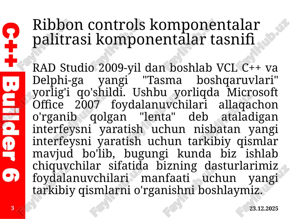 mponent barcha ishlarning asosiy qismini, shu jumladan elementlarning hodisalari bilan ishlashni o'z ichiga oladi. endi yo'l davomida lenta tarkibiy qismlarining xususiyatlariga qarab oddiy interfeys yaratishga harakat qilaylik. 06.11.2025 11 c++ builder 6 ribbon controls komponentalar palitrasi komponentalar tasnifi c++ builder-ni oching, yangi dastur yarating va quyidagi elementlarni formaga joylashtiring: tactionmanager (qo'shimcha yorliq) timagelist (win32 tab) tribbon (tasmani boshqarish elementlari yorlig'i) natijada siz quyidagi rasmga o'xshash narsani olishingiz kerak: 06.11.2025 12 c++ builder 6 ribbon controls komponentalar palitrasi komponentalar tasnifi 06.11.2025 13 c++ builder 6 ribbon controls komponentalar palitrasi komponentalar tasnifi endi tribbon-ni tanlang va actionmanager xususiyatida bizning actionmanager1-ni belgilang. o'z navbatida, actionmanager1 komponentasi uchun images xususiyatida imagelist1-ni belgilang. oldindan sozlash tugallandi - endi tribbon boshqaruv menejeri nazorati ostida bo'ladi va har bir yangi tasma panel avtomatik ravishda actionmanager1 ro'yxatiga qo'shiladi. ipdagi yorliqlar, panellar va elementlarni joylashtirishga o'tishdan oldin uning turg'unligi va asosiy xususiyatlarini ko'rib chiqing. tribbon komponenti uchun quyidagi konstantalar …