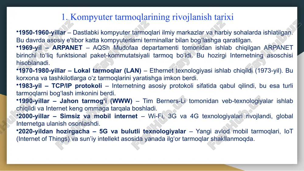 kompyuterlar (fayl server, veb-server, pochta serveri va boshqalar). marshrutizator (router) – tarmoqlar o‘rtasida ma’lumot almashinuvini ta’minlaydi, internetga ulanish imkonini beradi. kommutator (switch) – tarmoq ichida qurilmalar o‘rtasida ma’lumot almashinuvi samarali bo‘lishini ta’minlaydi. modem – internet provayder bilan aloqa o‘rnatish uchun ishlatiladi. 3. kompyuter tarmog‘i tushunchasi, kompyuter tarmog‘ining tarkibi. 2. aloqa vositalari (tarmoq muhitlari) simli tarmoq – ma’lumot uzatish uchun mis kabel (ethernet), optik tolali kabel yoki koaksial kabel ishlatiladi. simsiz tarmoq (wi-fi, bluetooth, 4g/5g) – radio to‘lqinlari yordamida qurilmalar o‘rtasida ulanishni ta’minlaydi. 3. dasturiy ta’minot tarmoq operatsion tizimlari (windows server, linux, macos server) – tarmoq boshqaruvi uchun ishlatiladi. tarmoq protokollari (tcp/ip, http, ftp, dns, dhcp) – qurilmalar o‘rtasida ma’lumot almashinuvini boshqaradi. xavfsizlik dasturlari (firewall, antivirus, vpn) – tarmoq xavfsizligini ta’minlaydi. 4. kompyuter tarmoqlarining asosiy qurilmalari 1. server (server) maxsus kompyuter bo‘lib, tarmoq foydalanuvchilariga ma’lumot, dasturlar va xizmatlar taqdim etadi. turlari: fayl server – foydalanuvchilarga fayllarni saqlash va ulardan foydalanish imkonini …