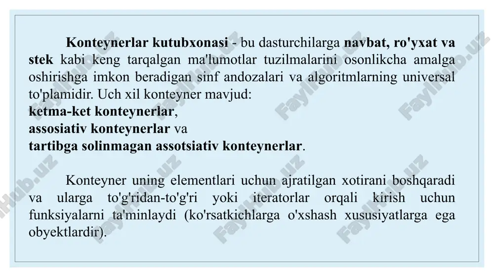 h. ushbu metod ro‘yxatdagi birinchi uchragan x elementini o‘chiradi. agar bunday element ro‘yxatda mavjud bo‘lmasa valueerror istisno holati ro‘y beradi. array.reverse() - massiv elementlarini teskari tartibda joylashtirish uchun qo‘llaniladi . bundan tashqari, python massiv bilan ishlashda qo‘llaniladigan bir nechta standart funksiyalarni ham o‘z ichiga qamrab olgan: array.tolist() -massivni ro‘yxatga aylantirish uchun qo‘llaniladi. thank you for your attention. be healthy image3.jpeg image4.png image5.png image6.png image7.png image8.png image9.png image10.png image11.png image12.png image13.png image14.png /docprops/thumbnail.jpeg