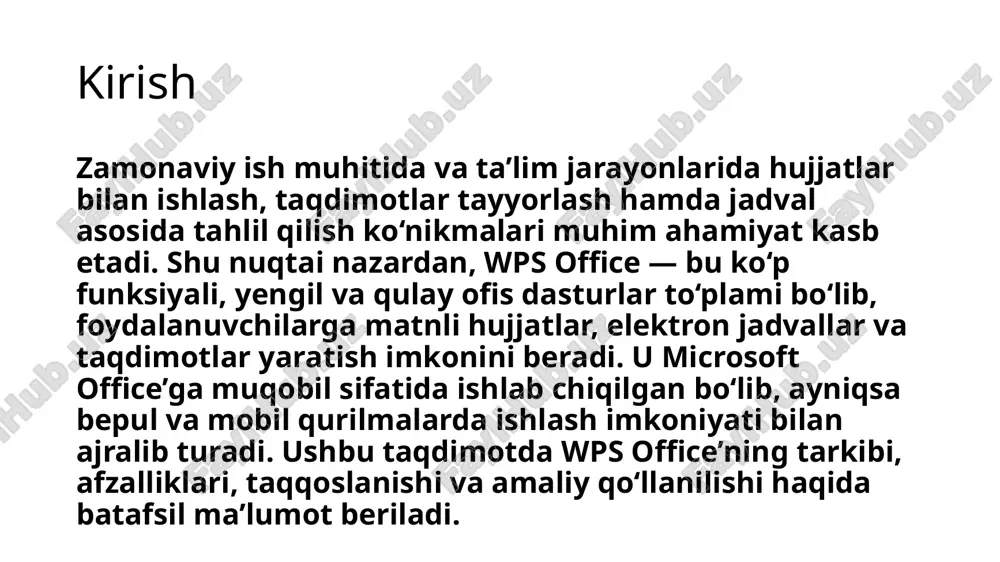 grafiklar va tahlillarni amalga oshirish. – excel fayllari bilan to‘liq moslik, avtomatik hisoblash va shartli formatlash funksiyalari mavjud. - presentation: – slaydlar yaratish, matn, rasm, video va grafik elementlar qo‘shish. – powerpoint formatida saqlash, animatsiyalar va dizayn shablonlari bilan ishlash imkoniyati. wps office’da hujjatlarni yaratish jarayoni intuitiv va qulay bo‘lib, foydalanuvchi interfeysi sodda, lekin funksionaldir. bu esa ta’lim, ish va ijodiy loyihalarda samaradorlikni oshiradi. 5.ta’lim va ish jarayonida qo‘llanilishi wps office nafaqat ofis ishlarida, balki ta’lim muhitida ham keng qo‘llaniladi. uning qulayligi, ko‘p funksiyaliligi va platformalararo mosligi uni turli sohalarda samarali vositaga aylantiradi: - ta’lim sohasida: – o‘qituvchilar dars rejasi, testlar, taqdimotlar va metodik materiallar tayyorlashda writer va presentation modullaridan foydalanadilar. – talabalar referat, kurs ishi, jadval asosidagi tahlillarni spreadsheet orqali bajaradilar. – onlayn ta’limda pdf konvertatsiya, bulutli saqlash va mobil qurilmalarda ishlash imkoniyati katta afzallikdir. - ish muhitida: – hisobotlar, moliyaviy tahlillar, taqdimotlar va hujjatlar tayyorlashda keng qo‘llaniladi. – …