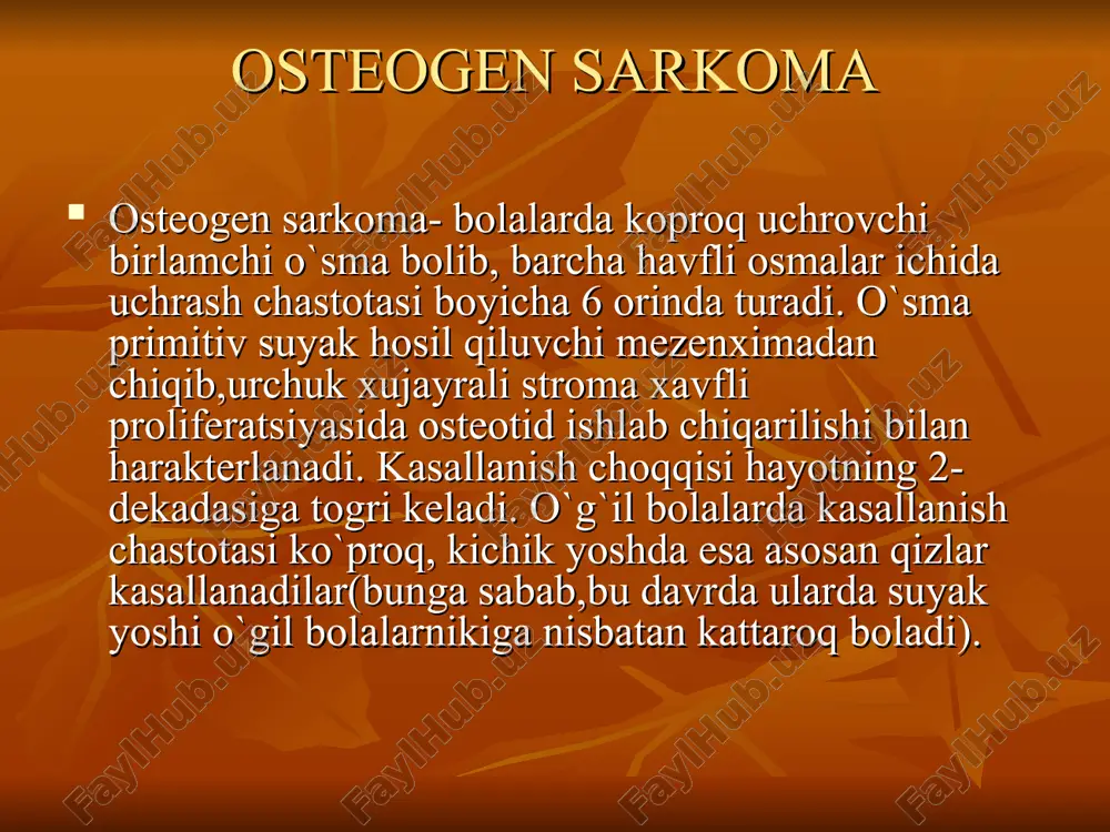 k belgilari uzun trubkasimonsuyaklar metafizida joylashishi; suyakda sklerotik va litik o`choqlarning, vaskulyarizatsiyaning borligi; yumshoq to`qimalarda patologik suyak hosil bo`lish o`choqlari; suyak usti pardasi butunligining «koziryok» yoki «kodmen uchburchagi» hosil qilib buzilishi; ignasimon - «spikulalar» (periosting suyak yuzasiga perpendikulyar ignalar korinishida). otsloenniy periost formiruet treugolnik mejdu kostnomozgovim kanalom i otsloennoy nadkostnitsey. treugolnik kodmana opuxol, bogataya kostnoy matritsey, mojet dat kartinu vosxodyashego solntsa na rentgen snimke. rentgen osobennosti rentgenologicheskie osobennosti dlya differentsiatsii dobrokachestvennogo i zlokachestvennogo obrazovaniya dobrokachestvennoe xorosho opredelyaemaya skleroticheskaya granitsa nebolshoe kolichestvo myagkoy tkani plotnaya periostalnaya reaktsiya geograficheskaya destruktsiya kosti zlokachestvennoe prerivistost periosta destruktsiya kosti v vide molyu iz'edennoy polosti massi myagkoy tkani shirokaya perexodnaya zona diagnoz: o`ng yelka suyagi diafizi osteogen sarkomasi kasal o., 13 yosh. diagnoz: chap son suyagi distal qismi osteogen sarkomasi 13 let, osteogennaya osteoblasticheskaya sarkoma, nachalnaya stadiya razvitiya i razvitaya forma anamnez – ushib. r-ski: v kosti mnojestvennie uchastki uplotneniya bez chetkix konturov. cherez 6 - …