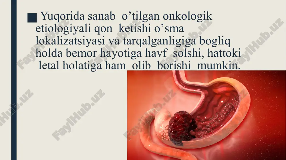 shi; bemor rangi oqarib ketishi(blednost');diareya; ko’ngil aynishi;bosh aylanishi; uzoq vaqt davomida qindan qonli ajralmalar bo’lishi;tana harorati ko’tarilishi;talvasa(lixoradka);ayolda qindan ko’p miqdorda(obil'niy) badbuy spetsifik hidli yiringli xarakterdagi ajralma borligi. gar yuqorida sanab o’tilgan simptomlardan hech bo’lmasa bittasi bo’lgan taqdirda ham, kechiktirilmagan onkolog ko’ruviga kelishi va zaruriy tekshiruvlardan o’tishi shart! oshqozon rakidan qon ketishi oshqozon rakidan qon ketishi asosan o’sma hujayralarining oshqozon shirasining qitiqlovchi ta'siri natijasida kelib chiqadi. shuningdek, qon ketishi oshqozon o’sma hujayrasi yemirilganda ham kuzatildi (yemirilish jarayonidagi qon ketishi oshqozonning o’sma hujayrali bilan zararlangan maydonida bo’ladi, ya'ni diffuz emas.yaqinlashayotgan qon ketishi simptom va belgilari: kuchli ko’ngil aynishi: qonli qayt qilish (krovavaya rvota) qon laxtalari bilan «kofe quyqasi» ko’rinishida bo’ladi; diareya; stul qoramtir tusga kiradi va degtyarsimon konsistentsiyada bo’ladi. agar bemorda yuqoridagi simptomlar kuzatilsa zudlik bilan tez yordam chaqirish lozim. vrach kelgunga qadar bemor yotoq rejimga o’tkazilishi lozim, o’ringa sovuq grelka qo’yilsin(podlojechnuyu oblast'). agar oshkozon rakida kon ketishi tasdiqlansa, onkobemorni zudlik bilan …