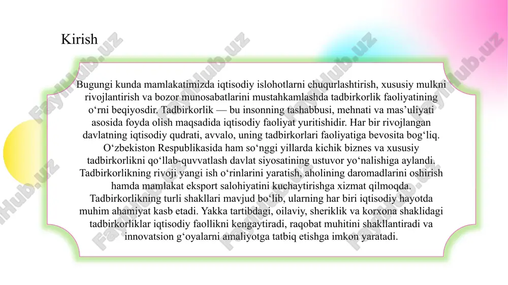 di. innovatsion tadbirkorlar iqtisodiyotda ilm-fan yutuqlarini ishlab chiqarishga tatbiq etish orqali jamiyat taraqqiyotiga sezilarli hissa qo‘shadilar. shu bois zamonaviy davrda innovatsion tadbirkorlik iqtisodiy o‘sishning asosiy omiliga aylangan. tadbirkorlikning iqtisodiy rivojlanishdagi roli va jamiyat uchun foydasi tadbirkorlik iqtisodiy o‘sish, yangi ish o‘rinlari yaratish va aholi daromadlarini oshirishning muhim manbaidir. u raqobat muhitini shakllantirib, bozor iqtisodiyoti mexanizmlarini kuchaytiradi. tadbirkorlik faoliyati natijasida yangi mahsulotlar, xizmatlar va texnologiyalar paydo bo‘ladi, bu esa iqtisodiy samaradorlikni oshiradi. shuningdek, tadbirkorlar soliq to‘lovlari orqali davlat byudjetini to‘ldiradi va ijtimoiy sohalarning rivojiga hissa qo‘shadi. rivojlangan mamlakatlar tajribasi shuni ko‘rsatadiki, faol tadbirkorlik muhiti iqtisodiyotning barqaror o‘sishini ta’minlaydi va milliy farovonlikni oshiradi. 1 tadbirkorlik faqat iqtisodiy foyda emas, balki ijtimoiy barqarorlikni mustahkamlovchi omil hamdir. u insonlarda mehnatsevarlik, mas’uliyat, halollik va yangilikka intilish fazilatlarini shakllantiradi. 2 tadbirkorlik orqali aholining bandlik darajasi ortadi, kambag‘allik kamayadi va ijtimoiy tenglik mustahkamlanadi. bundan tashqari, tadbirkorlar ko‘pincha xayriya ishlari, ta’lim va sog‘liqni saqlash sohalariga ham o‘z hissalarini …