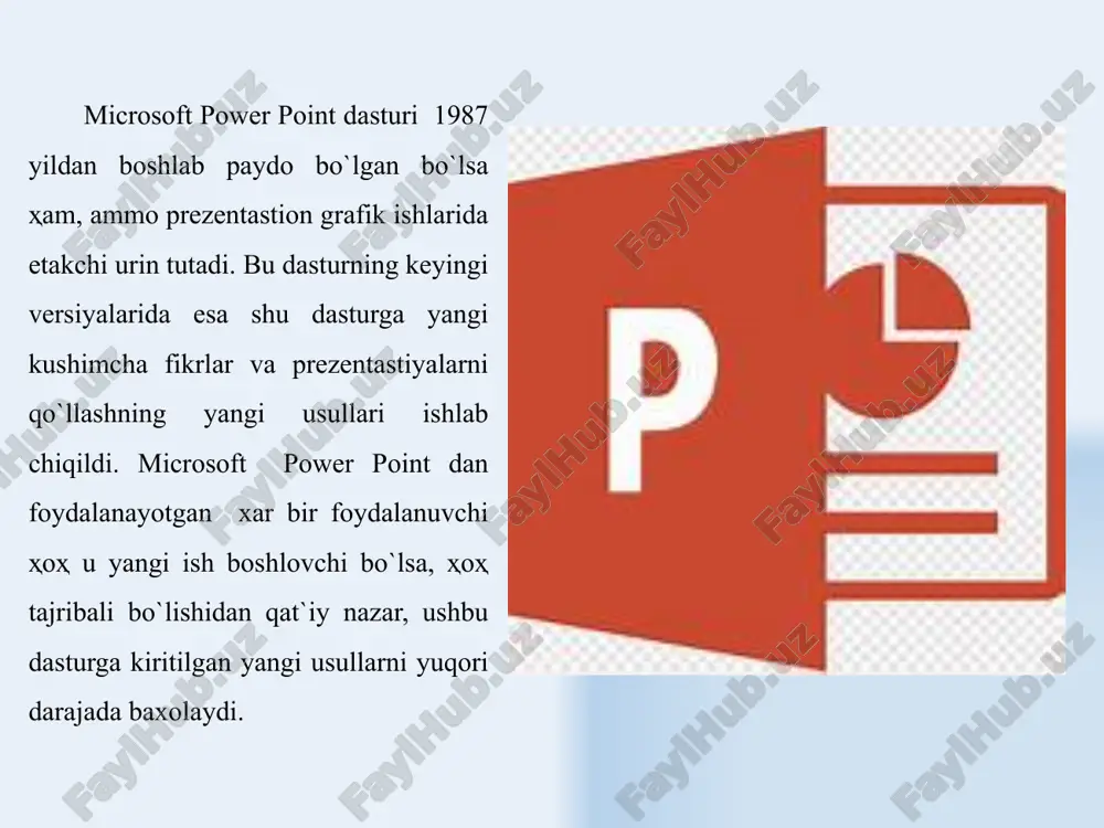 mining ko`rinishi o`zgaradi. xulosa microsoft powerpoint dasturi bugungi kunda ta’lim, biznes va turli sohalarda axborotni vizual tarzda taqdim etishning eng samarali vositalaridan biridir. ushbu dastur yordamida foydalanuvchi matn, rasm, video, grafik va animatsiyalarni uyg‘unlashtirib, tinglovchi e’tiborini jalb etuvchi taqdimotlar yaratishi mumkin. powerpoint nafaqat ma’lumotni chiroyli ko‘rinishda yetkazish, balki uni mantiqan izchil, tushunarli va esda qolarli tarzda bayon etish imkonini beradi. dasturda mavjud slayd dizaynlari, shablonlar, o‘tish (transition) va animatsiya effektlari, shuningdek audio va video qo‘shish imkoniyatlari foydalanuvchining ijodkorlik salohiyatini oshiradi. shuning uchun powerpoint dasturida taqdimotlar yaratish nafaqat texnik ko‘nikma, balki estetik va muloqot madaniyatini ham rivojlantiradi. foydalanilgan adabiyotlar ro`yxati: g'ulomov s.s., shermuxammedov a.t., begalov b.a. iqtisodiy informatika. - t.: o'zbekiston, 1999. milli y istiqlol g'oyasi: asosiy tushuncha va tamoyillar, t. – yangi asr avlodi, 2001 y. nasretdinova sh.s. windows 95 excel 7.0 saxifalarida.-t.: o'zbekiston, 1999. m.aripov informatika va xisoblash texnikasi t.2001y raxmonqulova s.i. ibm pc shaxsiy kompyuterida ishlash.-t.:sharq,1997. a.a. obidov …