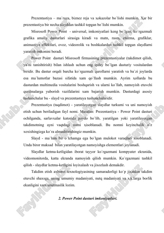 osoft office power point”. natijada power point dasturi yuklanadi. agar e`tibor beradigan bo`lsak power point dasturining interfeysi ham ms word dasturi bilan deyarli bir xil. faqat ishchi varag'i slaydlar yaratish uchun moslangan. power point dasturining ham standart uskunalar panelidagi uskunalarning hammasi ms word dasturing standart uskunalar panelidagi kabi bir xil va bir xil amalni bajaradi. formatlash uskunalar panelida esa ms word dasturida yo`q bo`lgan ba`zi bir uskunlar joylashgan. quyida ana shu uskunalar va ularning bajaradigan amali to`g'risida to`xtalib o`tamiz. belgilangan sohadagi so`zlarni o`lchamini kattalashtirish. belgilangan sohadagi so`zlarni o`lchamini kichiklashtirish. slaydlar quruvchisi. slayd yaratish. power point dasturida yangi taqdimot yaratish uchun fayl menyusiga kiramiz va u erdan buyrug'ini tanlaymiz. yoki standart uskunalar panelidan uskunasini sichqonchani chap tugmachasi bilan tanlaymiz. yoki klaviaturada to`g'ridan to`g'ri [ctrlqn] tugmalari kombinastiyasidan foydalanamiz. mavjud faylni ochish. oldin saqlangan faylni ochish uchun “fayl” menyusiga kiramiz va u erdan “ochish” - [ctrlqo] buyrug'ini yoki standart uskunalar panelidan uskunasini sichqonchani …