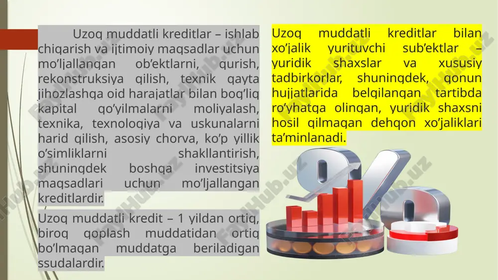 vkasi. uzoq muddatli kreditlardan foydalanganlik uchun foizlar banklar tomonidan kreditlash muddatining davomiyligi, qarz oluvchilar tomonidan berilgan kreditni kafolatlari, kredit resurslari talab va taklifi va ular bahosi, shuningdek, shartnoma asosidagi kredit xatarining mavjudligi hisobga olingan holda belgilanadi . nazorat o’lchashlari bank krediti hisobidan moliyalanadigan obyektlarda ishlab ishlab chiqarish joyining o’zida amalga oshiriladi. banklar shartnomaviy va to’lov asosida buyurtrmachilarning buyurtmanomalari bo’yicha boshqa manbaalar hisobidan moliyalanadigan qurilishlar bo’yicha nazorat o’lchovlarini amalga oshirishlari mumkin. kreditlardan samarali va maqsadli foydalanish ustidan nazorat quyidagi shakllar va yo’nalishlar bo’yicha amalga oshiriladi: a) smetasiga va maqsadli belgilanishiga, ularning muvofiqligini b) chiqish bilan kreditdan maqsadli foydalanishni tekshirish; v) kredit shartnomasida keltirilgan tartib va muddatlarda harid qilingan uskunani inventarlash. nazorat o’lchashlari dalolatnomalari, ishlar qiymatining qayta hisob-kitob qilish qaydnomalari va dalolatnomalarga oid yig ma qaydnomalar bank, buyurtmachi va pudratchining vakillari tomonidan imzolanadi. haqi to’langan (taqdim etilgan) ishlarning yig ma qaydnomalari nazorat o lchashlarining amalga oshirilishi boshlanguniga qadar imzolanadi. buyurtmachi yoki pudratchi …