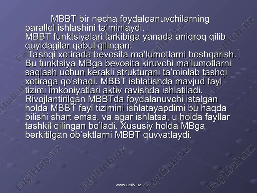 tiklash uchun jurnal va mbning arxiv nusxasi ishlatiladi. arxiv nusxa – bu mbning to’liq nusxasi bo’lib, jurnalni to’ldirish momentidan boshlanadi. mb tillarini quvvatlash ma’lumotlar bazasi bilan ishlashda ma’lumotlar bazasi tili deb ataluvchi maxsus til ishlatiladi. zamonaviy mbbt mb bilan ishlash uchun barcha kerakli vositalarni yagona birlashgan til qo’llab quvvatlaydi. hozirgi kunda relyatsion mbbt uchun keng tarqalgan standart til – bu sql (structured query language) tilidir. sql tili relyatsion mb sxemasini aniqlaydi va ma’lumotlar ustida (manipulyatsiya) ish yuritadi. unda mb ob’ekti nomlariga (relyatsion mb uchun – jadval nomi va uning ustunlari) o’zgartirishlar kiritish sql tili kompilyatori yordamida amalga oshiriladi. bundan tashqari uning ichki identifikatorlariga o’zgartirishlar kiritishni ham amalga oshiradi. mbbt ning ichki qismi (yadrosi) jadval nomlari va uning ustunlari bilan umuman ishlamaydi. www.arxiv.uz www.arxiv.uz sql tili o’z ichiga mb butunlik chegarasini aniqlashning maxsus vositasini oladi. mbning butunligini tekshirishni ta’minlaydi. mbni modifikatsiya qilish uchun kompilyatsiya vaqtida sql kompilyatori mos dasturiy kodni generatsiya …