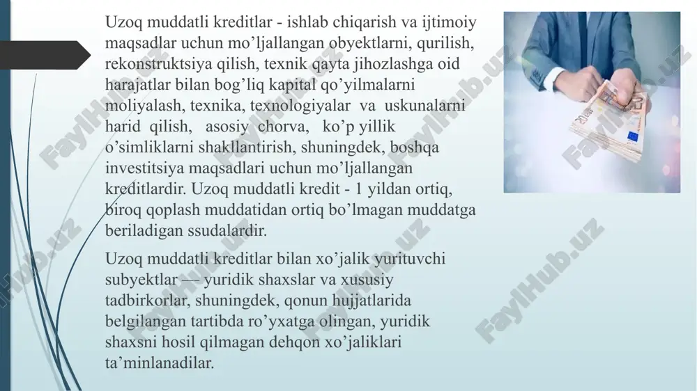 blag’larning korxonada etarlicha bo’lishi, uning majburiyatlarini o’z vaqtida qoplay olishidan dalolat beradi. joriy likvid mablag’lar bu juda ham tez pulga aylanadigan korxona vositalarini o’z ichiga oladi, shu sababli joriy likvid mablag’lar tarkibiga balans aktiv qismi ikkinchi bo’limining quyidagilari kiradi: 1. pul mablag’lari; 2. debitorlik qarzlari kredit bahosi, kreditni va unga hisoblangan foizlarni so’ndirish kredit bahosi bank bilan qarz oluvchi o’rtasidagi shartnoma asosida belgilanadi va bu kreditga oid foizlarni o’z ichiga oladi. taraflarning kelishuviga ko’ra kredit bahosi pul bozori va inflyatsiya holatidan kelib chiqqan holda ko’payish yoki kamayish tomoniga o’zgartirilishi mumkin. aytaylik, bank 24 oy muddatga jalb qilingan muddatli depozitni 24 oylik uchta kreditga transformatsiya qildi. depozitga to’lanadigan yillik foiz stavkasi 18 %ga teng, bu vaqtda markaziy bankning qayta moliyalashtirish stavkasining yillik darajasi 14 % ga teng deylik. bank ushbu 2 ta kreditni 20 % bilan berdi. demak, bankning bu operatsiya bo’yicha daromadlilik darajasi 2 punktga teng. faraz qilaylik, inflyatsiya darajasini …