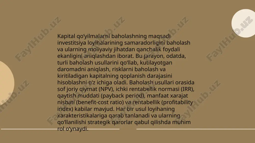 a pv - kelgusidagi pul oqimlarining hozirgi qiymati, i - boshlang‘ich investitsiya. agar pi > 1 boʻlsa, loyiha qabul qilinadi, chunki kutilayotgan foyda investitsiyadan ortiq. pi = 1 boʻlsa, loyiha chegara holatda. pi < 1 boʻlsa, loyiha qabul qilinmaydi, chunki investitsiya kutilayotgan foydadan yuqori. profit indeks usuli kapital qoʻyilmalarni baholashda noaniqliklarni kamaytirishga yordam beradi. ... t.me/slaydai_bot kapital qo‘yilmalarni baholashda bir qancha umumiy ko‘rsatkichlar tahlil qilinadi. dastlabki investitsiyalar hajmi, ichki foydalilik normasi (irr), sof joriy qiymat (npv), qaytish muddati (payback period) va foyda indeksini (profitability index) o‘z ichiga oladi. sof joriy qiymat (npv) loyiha generatsiya qiladigan kelgusi pul oqimlarining diskontlangan miqdorini ifodalaydi. ichki foydalilik normasi (irr) bo‘yicha esa loyihaning yillik rentabelligi aniqlanadi. qaytish muddati (payback period) investitsiyalarning qancha muddatda qoplanishini ko‘rsatadi. kapital qo‘yilmalarni baholashda ushbu ko‘rsatkichlar muhim rol o‘ynaydi va investorga loyihani qabul qilish yoki rad etish bo‘yicha asos beradi. ... t.me/slaydai_bot amortizatsiya ta'siri kapital qo'yilmalarni baholashda muhim ahamiyatga ega. u …