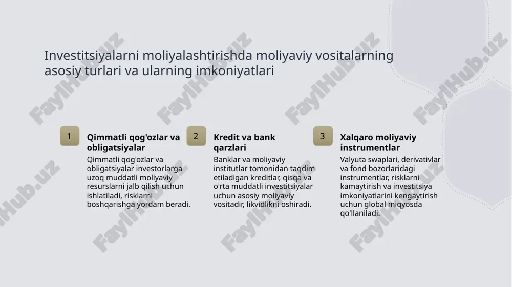 , aktsiyalar va kreditlar kiradi, ular yordamida davlatlar va kompaniyalar xalqaro bozorlar orqali moliyaviy ehtiyojlarini qoplaydi. 3 xavfsizlik va ishonchlilik xalqaro moliyaviy vositalar qat'iy tartibga solingan va standartlashtirilgan bo'lib, investorlar uchun xavfsizlik va ishonchlilikni ta'minlaydi, risklarni kamaytiradi. 4 investitsion salohiyat va imkoniyatlar bu vositalar yordamida mamlakatlar va kompaniyalar yuqori rentabelli loyihalarni amalga oshirishi, iqtisodiy rivojlanishni tezlashtirishi mumkin, yangi imkoniyatlar ochiladi. o'zbekiston iqtisodiyotida moliyaviy vositalarning ta'siri va rivojlanish imkoniyatlari 1 moliyaviy vositalarning roli - o'zbekiston iqtisodiyotida moliyaviy vositalar investitsiyalarni jalb qilish va ularga ta'sir ko'rsatishda muhim rol o'ynaydi, iqtisodiy rivojlanishni tezlashtiradi. 2 rivojlanish imkoniyatlari - zamonaviy moliyaviy instrumentlar, xususan, obligatsiyalar va aksiyalar, yangi investitsiya imkoniyatlarini yaratib, iqtisodiy barqarorlikni mustahkamlaydi. 3 xavflarni boshqarish - moliyaviy vositalar yordamida risklarni diversifikatsiya qilish va investitsiyalarni xavfsizroq qilish imkoniyati oshib, iqtisodiy barqarorlikni ta'minlaydi. kapital bozorlarida moliyaviy vositalarning roli va investitsiya strategiyalariga ta'siri kapital bozorlarining roli kapital bozorlarida moliyaviy vositalar investitsiya imkoniyatlarini kengaytiradi, kapital yig‘ish va taqsimlash …