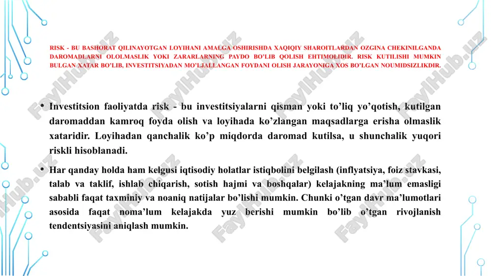 turasiga mos darajada risklarni minimallashtirish, kreditlash xizmatlari bozorida bank pozitsiyasini minimum saqlab qolishdir. riskni boshqarishdagi asosiy yo’llar quyidagilar: risklarni ajratish; risklarni loyiha ishtirokchilari o’rtasida taqsimlash; moddiy ta’minotni olish (garov); moliyaviy ta’minotni olish (kafolat yoki kafillik); risklarni kredit bo’yicha yuqori foiz stavkasiga ko’chirish; risklarni venchur kreditlashga qabul qilish; qarzlar bo’yicha yo’qotishlarni qoplash uchun fondlarni shakllantirish va boshqalar bular riskni boshqarish bo’yicha quyidagi ish yo’nalishlarini talab qiladi: har bir mijoz bo’yicha doimiy monitoring olib borish; ma’lum bir mijozning asosiy xo’jalik faoliyatiga aloqador tarmoq holatining doimiy monitoringini yuritish; kafolatni jalb qilish va tahlil etish; risk uchun kompensatsiya olish (garov, kafolat va boshqalarni amalga oshirish). risk va noaniqlik sharoitida investitsiya loyihalarini tahlil qilish va baholash usullari. investitsiya risklarini tahlil qilish va baholash usullariga quyidagilar kiradi: -sezgirlik tahlili usuli; -“zararsizlik nuqtasi”ni aniqlash usuli;. -barqarorlikni tekshirish usuli; -matematik usullar (o’rtacha kvadratik chetlanish, dispersiya va variatsiya); -“qarorlar daraxti” barpo etilishi usuli; -stsenariylar usuli; -monte-karlo usuli. loyiha sezgirligi …
