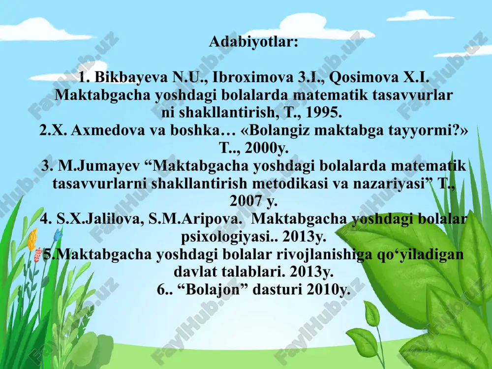 radigan testlar. bolalarning maktabga tayyorligini aniqlashda foydalanadigan psixologik testlarni mazmun jihatdan 2 guruhga bolish mumkin: a) umumta’lim maktabining 1-sinfiga yozish; b) o‘qishni 1 yilga qoldirish; d) bolani bog‘cha yoki maktab qoshidagi c) maxsus sinfga yozdirish; e) bolani maxsus maktabga yozdirish konsultantlar bolani ota-onalar oldida tekshiruvdan o‘tkazadilar va tekshiruv natijalari asosida quyidagi choralarni maslahat beradilar: 1. bolalarda maktabga borganda, o‘z tengdoshlari bilan o‘qigan va o‘ynaganda xursandchilik hissini tug’dirish. 2. bolalarga maktabdagi ta’limning mohiyatini tushuntirish, ularni maktabdagi faoliyat turlari bilan tanishtirish. 3. bolalarda bo'lajak o‘qituvchilarga nisbatan hurmat va ishonchni shakllantirish. komenskiy ota-onalar uchun quyidagi vazifalarni ko‘rsatadi: sodiqova sh.a. maktabgacha pedagogika. -t., “tafakkur sarchashmalari”, 2013 sayidahmedov n. pedagogik texnologiya. -t., rtm, 2000. nishonova s. komil inson tarbiyasi. -t., «istiqlol», 1993. ismoilova z. tarbiyaviy ish metodikasi. -t., «istiqlol», 2003. adabiyotlar ro’yxati: e`tiboringiz uchun rahmat! image37.jpeg image38.png image39.wmf image40.wmf image41.wmf image42.png image43.wmf image1.jpg image2.png image3.png /docprops/thumbnail.jpeg