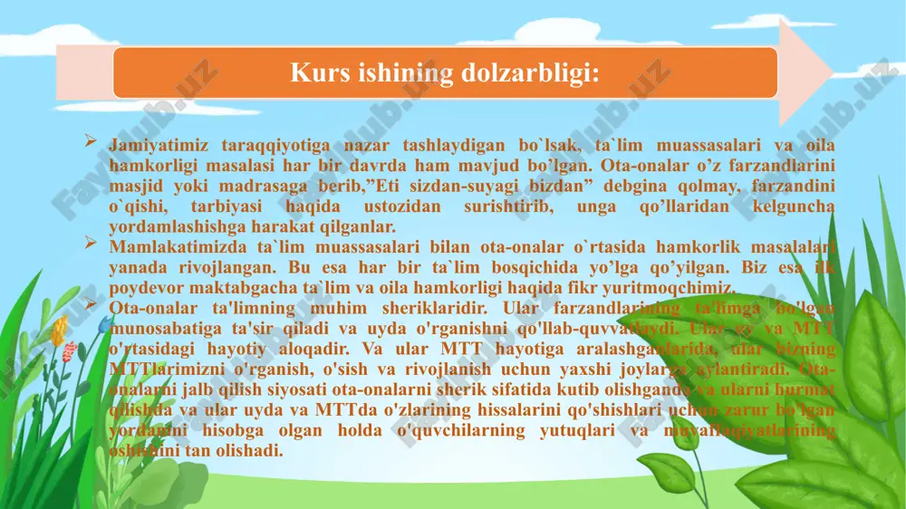 va maktab tomonidan amalga oshiriladi. oila va maktabgacha ta'lim tashkilotlari bolalarni ijtimoiylashtirishning ikkita muhim institutidir.so’ngi yillarda pedagog tarbiyachilar bilim salohiyatini yanada oshirish borasida ko’plab ishlar amalga oshirilmoqda. ammo maktabgacha ta’lim tashkilotlarida hali yechimini kutayotgan kamchiliklar talaygina. xususan, davlat maktabgacha ta’lim tashkilotlarida tarbiyalanayotgan tarbiyalanuvchilarida maktab ta’limiga tayyorlash masalalari,tarbiyachilarning kasbiy malakalarining yetishmaslik holatlari uchrab turibdi.bunday salbiy xolatlarni bartaraf etish mtt va tarbiyachilar hamkorligini yahshilash ,alohida o’quv kurslarida tarbiyachilar salohiyatini oshirish, tarbiyachilarning oilalar bilan muntazam hamkorligini yo’lga qo’yish , ota- onalarni rag’batlantirib borish, yosh ota-onalarga metodik tavsiyalar berib borish,ota-onalar ishtirokidagimashg’ulotlar,seminarlar,konferensiyalar,davra suhbatlari olib borish maqsadga muofiq. o'qituvchilar mtt va oilalar o'rtasidagi o'zaro aloqalarni rag'batlantiradi va qo'llab-quvvatlaydi. barchaga hurmat bilan qarashadi. mtt madaniyati jamoatchilik va g'amxo'r munosabatlar hissini rivojlantiradi. ota-onalar mtt faoliyatiga jalb qilingan. har kim o'zini xavfsiz va xavfsiz his qiladi. ota-onalar va o'qituvchilar o'rtasidagi munosabatlarga nisbatan ota-onalar va o'qituvchilar jamoasining quyidagi xususiyatlarini aniqlaydi: bir-biringiz bilan uchrashishga va diqqat bilan tinglashga vaqt ajrating. rejalashtirish …