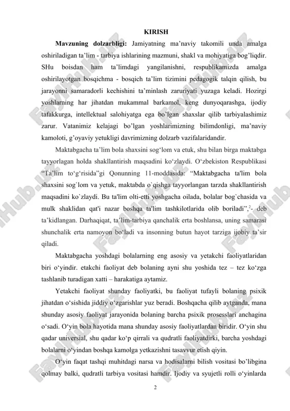 miy-metodik tavsiyalar ishlab chiqish. kurs ishning vazifalari: 1. o’rganilayotgan muammo bo’yicha psixologik – pedagogik, metodik adabiyotlarni o’rganish va tahlil qilish. 2. bolalarda syujetli-rolli o’yinlarni shakllantirishning vazifalarining pedagogik muammosini dolzarbligini asoslash; 3. kichik bolalarda syujetli-rolli o’yinlarni shakllantirishning samarali yo’llari va vositalarini aniqlash; 4. kichik bolalarda syujetli-rolli o’yinlarni shakllantirishning vazifalari yo’llari va vositalariga qaratilgan ilmiy-metodik tavsiyalar ishlab chiqish kurs ishning tuzilishi: kirish, 2 bob, 4 paragraf, xulosalar, tavsiyalar, foydalanilgan adabiyotlar ro’yxatidan iborat. 1. maktabgacha yoshdagi bolalar o’yinlari mazmuni maktabgacha pedagogikada o’yin nazariyasi ijtimoiy faoliyat hisoblanib, mehnatning tarixiy rivojlanish jarayonida paydo bo’ladi. o’yin doimo hayotni aks ettiradi. shuning uchun uning mazmuni ijtimoiy voqelikda o’zgarib turadi. o’yin– maqsadga qaratilgan o’ylangan jarayondir. o’yin jarayoni asosida o’quv faoliyati rivojlanadi. bola yoshligida qancha ko’p o’ynasa, maktabda yaxshi o’qishiga va keyinchalik mehnat faoliyatiga ijobiy ta’sir ko’rsatadi o’yin bolalarni jismoniy tomondan tarbiyalash sistemasiga, maktabgacha ta’lim tashkilotsining ta’lim-tarbiya ishida, axloqiy, mehnat va estetik tomondan tarbiyalashda katta o’rin tutadi. o’yinda yosh …