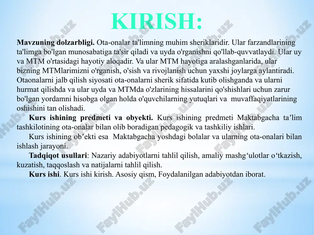 tning ota-onalar qo'mitalari bilan uchrashuvi konferentsiyallar ochiq eshiklar kuni avlodlar uchrashuvi savol-javobllar oqshomi ota-onalar klubi kuzatuv kengashi yig’ilishlari ota-onalar universiteti ota-onalar halqasi bayramlar ota-onalar haftaligi ota-onalar uchrashuvlari davra suhbati 2. maktabgacha ta’lim-tashkilotlarida ota-onalar bilan ishlashning shakl va metodlari. maktabgacha ta ’lim tashkilotining oila bilan olib boradigan ishi mazmuniga quyidagilar kiradi: ota-onalarga o‘z farzandlarining tarbiyasi uchun davlat va jamiyat oldida javobgar ekanliklarini tushuntirib borish; ota-onalarni bola tarbiyasi uchun zarur bo‘lgan bilim, malakalardan xabardor qilish (bolalarning yosh, anatomik-fiziologik va ruhiy xususiyatlari, ularni oilada tarbiyalashning mazmuni, metodi, shart-sharoitlari bilan tanishtirish); bola tarbiyasida oila bilan hamjihatlik, bolani to‘g‘ri tarbiyalashni nazorat qilib borish, oila tarbiyasining eng yaxshi namunalarini o‘rganish va ommalashtirish. bola maktabgacha ta’lim tashkilotida egallagan eng yaxshi fazilatlarni oila sharoitida davom ettirib, oilada egallagan eng yaxshi fazilatlarn/i bolalar bog’chada namoyon qilsa istalgan ijobiy natijalarga erishish mumkin. maktabgacha ta’lim tashkilotida faoliyat olib boradigan barcha xodimlar oila tarbiyasiga doir ijobiy ishlarni ko‘ribgina qolmay, balki uni qo‘llab-quvvatlash …