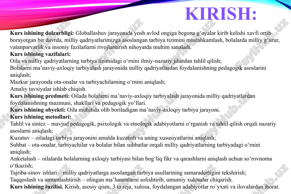 rmat va kichiklarga mehr-oqibat, vatan va xalq oldidagi burchini ado etish hissi tarbiyalanadi. axloqiy tarbiya quyidagi asosiy yo‘nalishlarni qamrab oladi: odob va axloq qoidalarini o‘rgatish; insoniy munosabatlar madaniyatini shakllantirish halollik, poklik, adolat, sabr-toqat kabi fazilatlarni singdirish; jamiyatdagi axloqiy qadriyatlarga hurmat ruhida tarbiyalash. 2. milliy qadriyatlar tushunchasi va turlari. milliy qadriyatlar mazmun-mohiyati va jamiyat hayotidagi o‘rniga ko‘ra turli guruhlarga bo‘linadi. jumladan: ma’naviy qadriyatlar bu qadriyatlar xalqning ma’naviy-ruhiy hayotini ifodalaydi. ular ichiga odob-axloq qoidalari, insoniy fazilatlar (hurmat, mehr-oqibat, sadoqat, fidoyilik), diniy e’tiqod va an’analar kiradi. maktabgacha yoshdagi bolalarga mehribonlik, kattalarga hurmat, kichiklarga izzat, do‘stlik va hamkorlikni singdirish orqali ma’naviy qadriyatlar o‘rgatiladi. madaniy qadriyatlar xalqning san’ati, adabiyoti, me’morchiligi, milliy bayramlari va urf-odatlari shu guruhga kiradi. maktabgacha ta’limda bolalarga milliy raqslar, xalq qo‘shiqlari, ertak va afsonalarni o‘rgatish orqali madaniy qadriyatlar singdiriladi. ijtimoiy qadriyatlar jamiyatdagi insonlar o‘rtasidagi munosabatlar, oila qadri, mahalla, jamoatchilik hayoti shu toifaga kiradi. bolalarga oila va jamiyatdagi har bir insonni qadrlash, ularga …