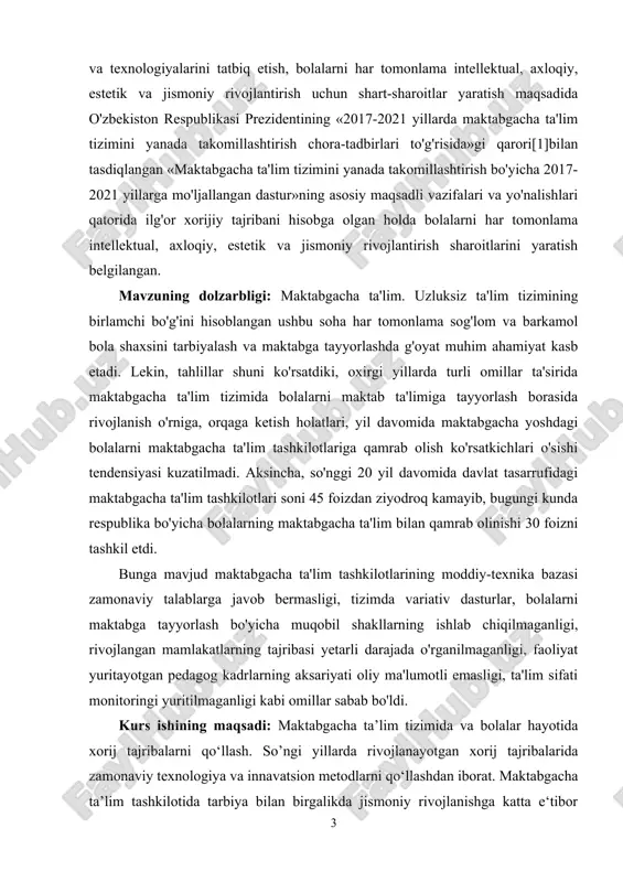 ktabgacha ta‘lim va tarbiyaning xorij davlatlardagi ilg‘or tajribalari qiyosiy tahlil asosida o’rganilgan. asosan rivojlangan g’arb va sharq mamlakatlaridagi maktabgacha ta‘lim shakllari va sharoitlari haqida ma‘lumotlar keltirilgan. hamda mamlakatimizda maktabgacha ta‘lim va tarbiya sohasida amalga oshirilayotgan islohotlar mazmuni va uning natijaviyligiga doir fikrlar yoritilgan. maktabgacha ta‘lim va tarbiyaga oid xorijiy tajribalarni o’rganish yuzasidan olib borilayotgan tadqiqotlarga alohida e‘tibor qaratilgan. kurs ishining tuzilishi va hajmi: kurs ishiga kirish, 4 reja, xulosa, foydalanilgan adabiyotlar roʼyxati va ilovalardan iborat. 1. maktabgacha ta’lim boshqaruvida xorijiy tajribalardan foydalanish mexanizmi maktabgacha ta‘lim va tarbiya tizimini isloh qilishni prezidentimiz sh.m.mirziyoyev ―yangi o’zbekiston strategiyasi kitobida ―inson kapitali tushunchasi bilan bog’laydi. ya‘ni ―rivojlangan mamlakatlarda ta‘limning to’liq sikliga investitsiya kiritishga, ya‘ni, bola 3 yoshdan 22 yoshgacha bo’lgan davrda uning tarbiyasiga sarmoya sarflashga katta e‘tibor beriladi. chunki ana shu sarmoya jamiyatga 15-17 barobar miqdorda foyda keltiradi. bizda esa bu ko’rsatkich atigi 4 barobarni tashkil etadi. binobarin, inson kapitaliga e‘tiborni kuchaytirishimiz, buning uchun …