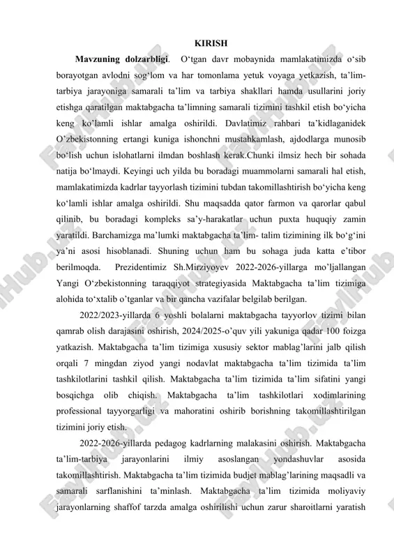 i joriy etish masalalarini muhokama qiladi, tashkilot xodimlarining moddiy va ma’naviy rag‘batlantirish masalalarini ko‘rib chiqadi, rahbar va pedagoglarning hisobotini tinglaydi. mamlakatimizda maktabgacha ta’lim tizimini rivojlantirish bo‘yicha samarali ishlar amalga oshirilmoqda. jumladan, o‘zbekiston respublikasi prezidenti shavkat mirziyoyevning 2017-yil 30 sentabrdagi pf-5198-sonli “maktabgacha ta'lim tizimi boshqaruvini tubdan takomillashtirish chora-tadbirlari to‘g‘risida”gi farmoni, 2019-yil 8-maydagi pq-4312-sonli “o‘zbekiston respublikasi maktabgacha taʼlim tizimini 2030 yilgacha rivojlantirish kontseptsiyasini tasdiqlash to‘g‘risida”gi qarori, 2019 yil 13 maydagi 391-son «maktabgacha taʼlim muassasalari faoliyatini yanada takomillashtirish chora-tadbirlari to‘g‘risida»gi, 2019 yil 11 iyundagi 487-sonli “maktabgacha taʼlim tizimiga ilg‘or axborot va pedagogika texnologiyalarini joriy etish chora-tadbirlari to‘g‘risida” gi qaroriga muvofiq yangi tizim yaratildi. shuningdek maktabgacha taʼlim vazirligining 2018 yil 18 iyundagi 1-mh sonli “ilk va maktabgacha yoshdagi bolalar rivojlanishiga qo‘yiladigan davlat talablari”, “ilk qadam” dasturi asosida maktabgacha ta’lim tashkilotlariga bolalarni qamrab olishni keskin oshirish, ta’lim-tarbiya jarayonlariga zamonaviy ta’lim dasturlari va texnologiyalarini tadbiq etish orqali bolalarni har tomonlama intelektual, ma’naviy-estetik, jismoniy rivojlantirish hamda ularni …