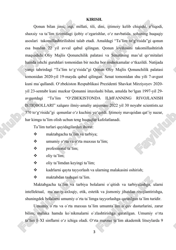 alakali kadrlar tayyorlashini ta`minlaydi.oliy ma`lumotli kadrlarni tayyorlash oliy ta`lim tashkilotlarida (universitetlar, akademiyalar, institutlar, oliy maktablar) amalga oshiriladi. oliy ta`lim ikki bosqichga-bakalavriat va magistratura bosqichiga ega. bakalavriat oliy ta`lim yo`nalishlaridan biri bo`yicha chuqurlashtirilgan bilim, malaka va ko`nikmalar beradigan, o`qish davomiyligi kamida 3 yil bo`lgan tayanch oliy ta`limdir. magistratura tegishli bakalavriat negizidagi aniq mutaxassislik bo`yicha o`qish davomiyligi kamida 1 yil bo`lgan oliy ta`limdir. oliy ta’limdan keyingi ta’limni oliy ta’lim va ilmiy tashkilotlarda olish mumkin. oliy ta’limdan keyingi ta’lim doktorlik dissertatsiyasini tayyorlash va himoya qilish maqsadida mutaxassislikni chuqur o‘rganishni va ilmiy izlanishlar olib borishni nazarda “o‘zbekistonda ilmfanning rivojlanish istiqbollari” xalqaro ilmiy-amaliy anjumani 2022 yil 30 noyabr | scientists.uz 371 tutadigan tayanch doktorantura, doktorantura va mustaqil izlanuvchanlik asosida ilmiy darajaga ega ilmiy va ilmiy-pedagogik kadrlar tayyorlashni ta’minlaydi. kadrlarni qayta tayyorlash va ularning malakasini oshirish. kadrlarni qayta tayyorlash tayanch mutaxassisliklar va kasblarga muvofiq bo`lgan yo`nalishlari bo`yicha faoliyatni amalga oshirish uchun qo`shimcha kasbiy bilim, malaka va …