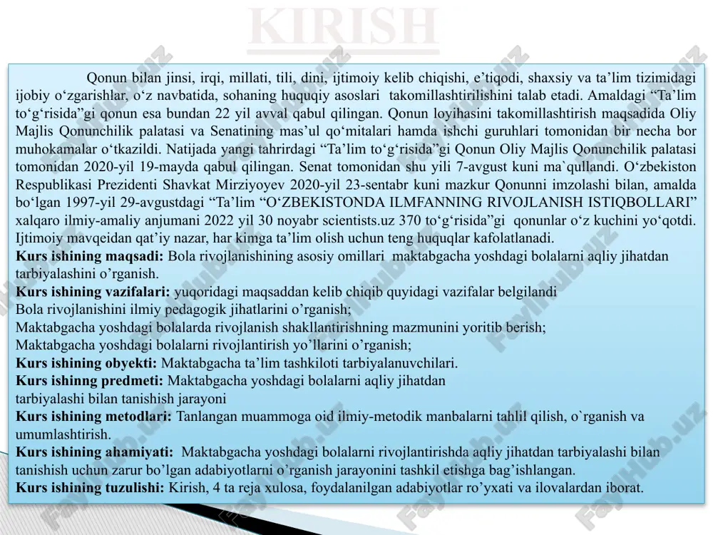 oliyatini tashkil etish 4-bob. oilaviy nodavlat maktabgacha ta’lim tashkilotiga bolalarni qabul qilish 5-bob. ta’lim-tarbiya jarayoni qatnashchilari 6-bob. oilaviy nodavlat maktabgacha ta’lim tashkilotini boshqarish va uning faoliyatini nazorat qilish 7-bob. nodavlat maktabgacha ta’lim tashkilotini moliyalashtirish va moddiy-texnik ta’minlash 8-bob. yakunlovchi qoidalar prezident qaroriga ko‘ra, o‘zbekiston respublikasi maktabgacha ta'lim tizimini 2030 yilgacha rivojlantirish konsepsiyasi tasdiqlangan va u quyidagilarni nazarda tutadi: maktabgacha ta'lim sohasidagi normativ-huquqiy bazani yanada takomillashtirish; maktabgacha yoshdagi bolalarning har tomonlama intellektual, axloqiy, estetik va jismoniy rivojlanishi uchun shart-sharoitlar yaratish; bolalarning sifatli maktabgacha ta'lim bilan qamrovini oshirish, undan teng foydalanish imkoniyatlarini ta'minlash, mazkur sohada davlat-xususiy sherikligini rivojlantirish; maktabgacha ta'lim tizimiga innovatsiyalarni, ilg‘or pedagogik va axborot-kommunikatsiya texnologiyalarini joriy etish; maktabgacha ta'limni boshqarish tizimini takomillashtirish, maktabgacha ta'lim muassasalari faoliyatini moliyalashtirish shaffofligi va samaradorligini ta'minlash; maktabgacha ta'lim tizimiga maktabgacha ta'lim tizimi xodimlarini tayyorlash, qayta tayyorlash, malakasini oshirish, tanlab olish va rivojlantirishga mutlaqo yangi yondashuvlarni joriy etish; maktabgacha ta'lim muassasalarida bolalarning sog‘lom va balanslashtirilgan ovqatlanishini, …