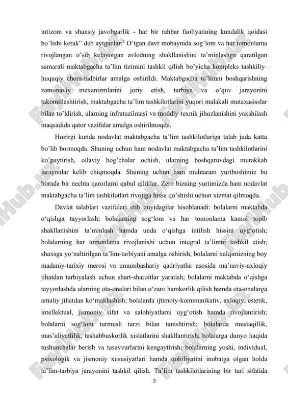 tirish; bolalarning yoshi, individual, psixologik va jismoniy xususiyatlari hamda qobiliyatini inobatga olgan holda ta’lim-tarbiya jarayonini tashkil qilish. ta’lim tashkilotlarining bir turi sifatida maktabgacha ta’lim tashkilotsi, shubhasiz, ularning har qaysisiga xos, bolalarning tarbiyasi, ta’limi, rivojlanishi va salomatligiga yaxshi yo‘nalganligi bilan bog‘liq umumiy xususiyatlarga ega. shu asnoda tarbiyalanayotgan bolalarning yosh xususiyatlariga ko‘ra maktabgacha ta’lim tashkilotsi faoliyati boshqa ta’lim tashkilotlarida kechadigan pedagogik jarayonlardan jiddiy farq qiladi. shundan kelib chiqib, aytish mumkinki, ta’lim sifatini boshqarishning umumiy nazariy yo‘llarini maktabgacha ta’lim amaliyotiga mexanik ravishda ko‘chirish mumkin emas. ular maktabgacha ta’lim tashkilotlari faoliyatining o‘ziga xosliklariga mos yangi mazmun bilan to‘ldirilishi kerak.e’tirof etish joizki, ta’lim tizimining hozirgi kundagi rivojlanish bosqichida uning birinchi bo‘g‘ini hisoblangan maktabgacha ta’limda jadal o‘zgarishlar yuz bermoqda. shu sababli, maktabgacha ta’lim tashkilotlari faoliyatida bolalarni estetik tarbiyasi o‘ziga xos yo‘nalish sifatida qabul qilingan.darhaqiqat, kelajak poydevori bo‘lgan, har jihatdan mas’uliyatli, ma’naviy yetuk, axloqan pok, bir so‘z bilan aytganda jamiyat taraqqiyoti uchun munosib xissa qo‘sha oladigan yoshlarni …