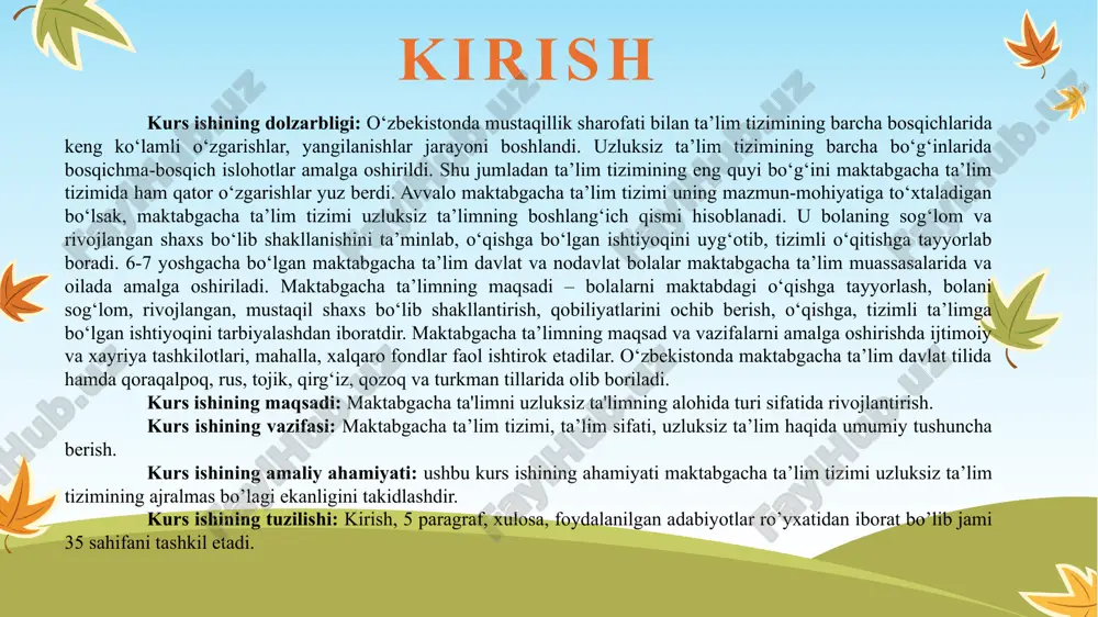 aning sog’lom, rivojlangan shaxsining shakllanishini ta’minlash, ta’limga bo’lgan intilishini uyg’otish, bolalarni boshlang’ich maktabda muntazam o’qitish uchun tayyorlash uchun mo’ljallangan. maktabgacha ta’lim sohasida davlat siyosatining muhim vazifalari quyidagilardan iborat: 5 maktabgacha ta’lim tashkilotlarining davlat va nodavlat tarmog’ini kengaytirish ularning moddiy-texnik bazasini mustahkamlash, yuqori malakali pedagogik kadrlar bilan ta’minlash, bolalarni maktabgacha ta’lim tashkilotlari bilan qamrab olishni tubdan oshirish, zamonaviy ta’lim dasturlari va texnologiyalarini ta’lim-tarbiya jarayoniga joriy etish orqali bolalarni har tomonlama intellektual, ma’naviy estetik, jismoniy rivojlantirish, 2. maktabgacha ta’lim-uzluksiz ta’limning alohida turi sifatida 6 maktabgacha ta’lim tashkilotlari – o’zbekiston respublikasidagi ta`lim muassalarining turi bo’lib, turli yo’nalishdagi maktabgacha bo’lgan davrdagi umumta`lim dasturlarini amalga oshiradi. maktabgacha ta`lim tashkilotlari 3 yoshdan 7 yoshgacha bo’lgan bolalarni tarbiyalashni, o’qitishni, nazorat qilishni, parvarishlashni va sog’lomlashtirishni ta`minlaydi. maktabgacha ta`lim tashkilotini tashkil etish tartibi, faoliyatini tashkil etish va butlash, hamda maktabgacha ta`lim tashkilotining mol-mulki va pul mablag’lari, javobgarligi, boshqaruvi va ta`lim jarayoni qatnashchilari to’g’risidagi kerakli ma`lumotlarni “o’zbekiston respublikasida davlat maktabgacha …