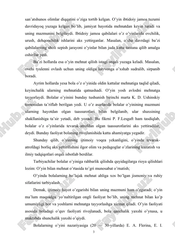 lab kuzatib borishi natijasida uni harakatga keltiruvchi sabablar, rivojlanish qonuniyatlari, har xil yosh bosqichlarida bolalar o’yinining o’ziga xos tomonlari, mazmuni va tuzilishini o’rganish zarurligini ta’kidlaydi. kurs ishining predmeti. davlat maktabgacha ta’lim tashkilotlarini tashkil qilish. kurs ishining obekti. kurs ishi loyihasining obekti sifatida mtt tashkiloti olindi. kurs ishining metodlari. 1. 1.kuzatish. 1. suhbat. 1. .eksprement. 1. .savol- javob. 1. 5.anketa. kurs ishining tuzilishi. kirish, 4 paragraf, xulosalar, foydalanilgan adabiyotlar ro’yxati va ilovalardan iborat 1. maktabgacha yoshdagi bolalarni ta‘lim tarbiyasida musiqaviy didaktik o‘yinlarning axamiyati. o’yin maktabgacha yoshidagi bolalarning asosiy faoliyati bo’lib, u orqali bola shaxs sifatida shakllanadi. o’yin bolaning kelajakdagi o’quv, mehnat faoliyati, kishilarga munosabatining qay darajada shakllanib borishini belgilaydi. o’yin qadim zamonlardan beri pedagog, psixolog, faylasuf, yetnograf, san’atshunos olimlar diqqatini o’ziga tortib kelgan. o’yin ibtidoiy jamoa tuzumi davridayoq yuzaga kelgan bo’lib, jamiyat hayotida mehnatdan keyin turadi va uning mazmunini belgilaydi. ibtidoiy jamoa qabilalari o’z o’yinlarida ovchilik, urush, dehqonchilik ishlarini aks yettirganlar. …
