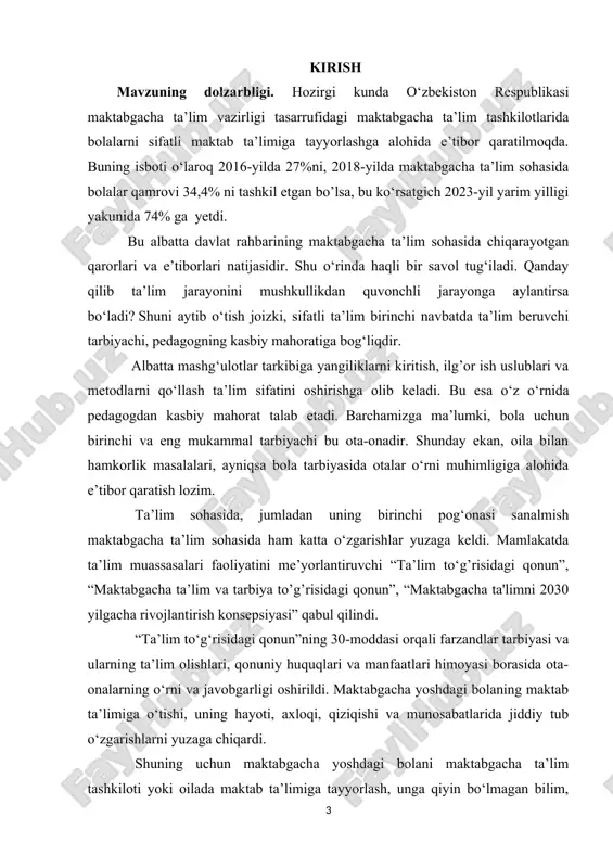ahbarini saylashda o‘z tavsiyasini berish huquqiga ega bo‘ldi. mahalladagi kam ta’minlangan oilalarni o‘rganib chiqib, ularning farzandlariga mttda ta’lim-tarbiya olish imkonini yaratdi. bola tarbiyasida oilaning o‘rni beqiyos. oila bolaga qattiq ta’sir ko‘rsatadi, uni atrofdagi hayotga moslaydi. jamiyatda esa tarbiya faqat ota-onaning shaxsiy ishigina bo‘lib qolmasdan, balki ularning ijtimoiy burchi hamdir. ota-onalarni tashkiliy ishlarga jalb etish masalan, yumshoq o‘yinchoq tayyorlash, suv va qum bilan o‘ynashi uchun o‘yinchoqlar yasash, maydonchalarni ko‘kalamzorlashtirish uchun jihozlar tayyorlash muhim tadbirlardir. bunday tanlovlar tarbiyachining yillik ish rejasida o‘z aksini topgan bo‘lishi kerak. tanlov shartlarini umumiy ota-onalar yig‘ilishlarida muhokama qilish va ma’qullab olish kerak. faol ishtirokchi ota-onalarga tashakkurnoma e’lon qilish, bu borada buvi-yu, bobolarning ham maslahatlariga quloq tutmoq lozim. maktabgacha ta’lim tashkilotining oila bilan ishlash tizimida aniq maqsad mazmun bo‘lishi kerak. ota-onalar bilan hamkorlik borasida avvalo erishilgan yutuq va tajribalarning natijalarini tahlil qilib, bolaning ijobiy tomonlarini ko‘rsatib, keyin asta-sekinlik bilan ularning xulq-atvoridagi salbiy holatlarni bartaraf etishga, tevarak-atrofga qiziqishlarini oshirib …