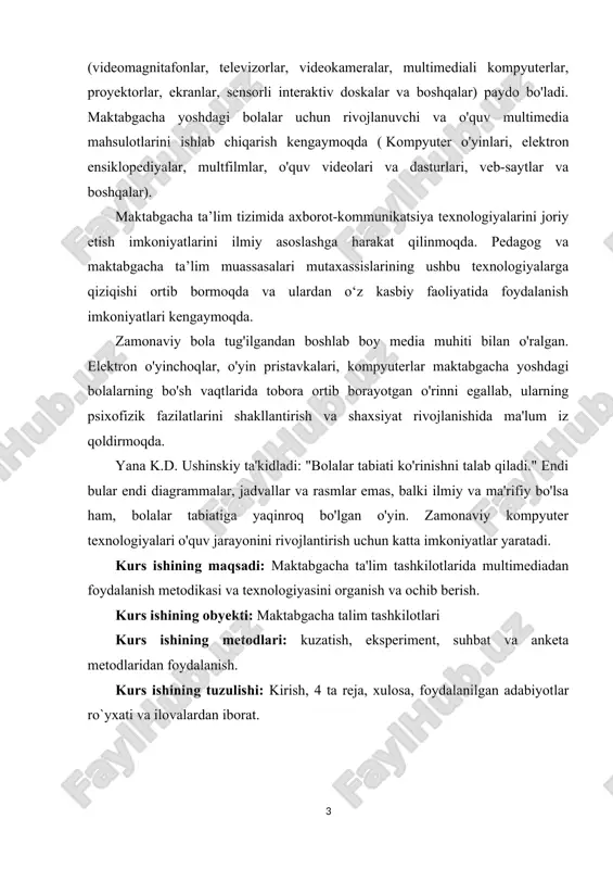 ini rivojlantirish uchun kuchli vositadir! kompyuterning bir vaqtning o'zida matn, grafik, ovoz, nutq, video ko'rinishidagi ma'lumotlarni takrorlash, ma'lumotlarni eslab qolish va katta tezlikda qayta ishlash qobiliyati mutaxassislarga bolalar uchun multimedia taqdimotlari, elektron bolalar kitoblari va ensiklopediyalarni yaratish imkonini beradi. maktabgacha yoshdagi bolalarni multimediali taqdimotlarga o'rgatishda qanday imkoniyatlar mavjud? an'anaviy o'quv qo'llanmalaridan farqli o'laroq, media-texnologiyalar ota-onalarning erta rivojlanish sohasidagi imkoniyatlarini sezilarli darajada kengaytiradi, intellektual va intellektual qobiliyatlarni muvaffaqiyatli amalga oshirishga yordam beradi. ijodkorlik bola; uni nafaqat ko'p miqdorda tayyor, qat'iy tanlangan, to'g'ri tashkil etilgan bilimlar bilan to'ldirishga imkon bering, balki erta bolalik davrida juda muhim bo'lgan -yangi bilimlarni mustaqil egallashni o'rganing! “taqdimot – ta’limiy mini multfilm, bu chiroyli rasmlarga ega elektron ovozli kitob bo‘lib, bu onalar uchun uydan chiqmasdan va uzoqlarga uchmasdan o‘z farzandiga atrofdagi dunyoni o‘zi ko‘rganicha aytib berishlari uchun ajoyib vositadir. mamlakatlar” viktoriya kuznetsova, viki.rdf.ru muallifi maktabgacha yoshdagi bolalarni o'qitishning an'anaviy shakllari bilan taqqoslaganda, multimedia taqdimotlari bir qator afzalliklarga …