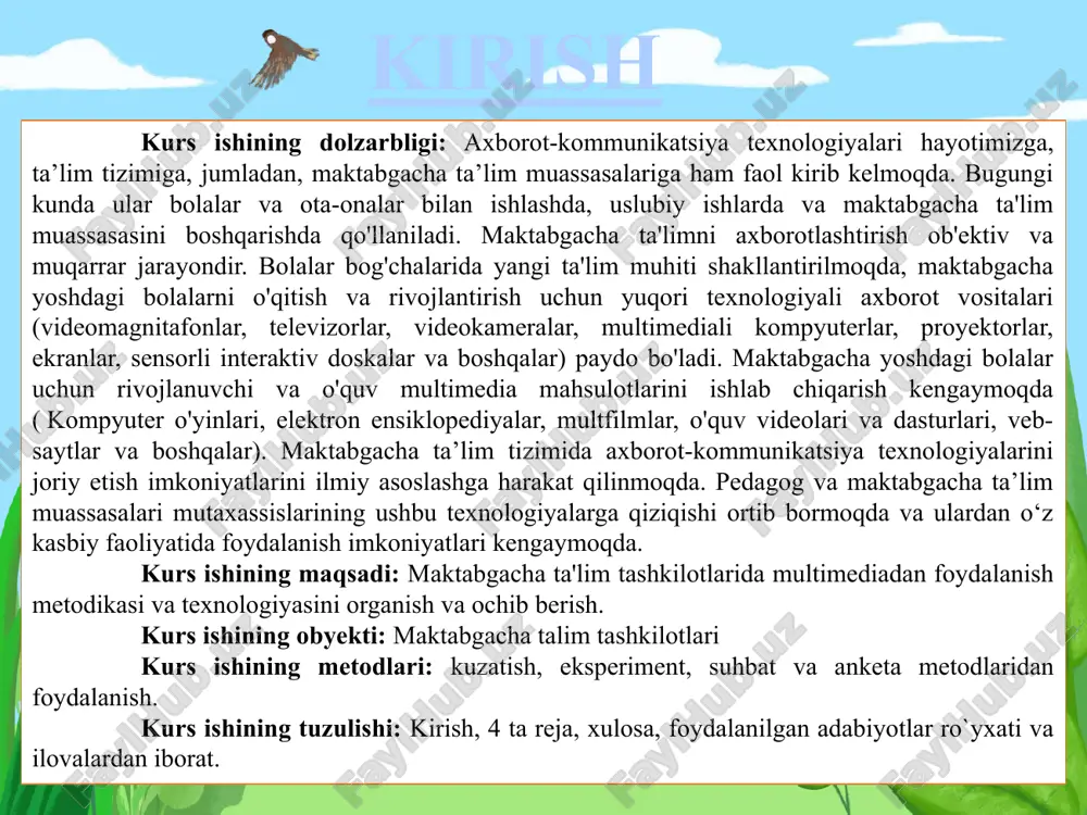 iy shakllari bilan taqqoslaganda, multimedia taqdimotlari bir qator afzalliklarga ega: taqdimot maktabgacha yoshdagi bolalar uchun tushunarli majoziy turdagi ma'lumotlarni o'z ichiga oladi; bolalarda ruhiy obrazlar tizimini shakllantiradi. kichkintoy ko'p narsaga qiziqadi: ertalabdan kechgacha undan savollar to'kilgandek tuyuladi. multimedia taqdimotlari o'quv va rivojlantiruvchi materialni algoritmik tarzda har tomonlama tuzilgan ma'lumotlar bilan to'ldirilgan yorqin mos yozuvlar tasvirlari tizimi sifatida taqdim etish imkonini beradi. bunday holda, turli xil idrok kanallari ishtirok etadi, bu esa ma'lumotni nafaqat faktografik, balki bolalar xotirasida assotsiativ shaklda saqlashga imkon beradi. kompyuter kundalik hayotda ko'rish mumkin bo'lmagan yoki qiyin bo'lgan bunday hayotiy vaziyatlarni simulyatsiya qilish imkonini beradi. misol uchun, bolaga raketani uchirish jarayonini yoki qog'oz ishlab chiqarish texnologiyasini qanday ko'rsatish kerak? kompyuterning imkoniyatlari ko'rib chiqish uchun taklif qilinadigan materiallar miqdorini oshirishga imkon beradi. ko'pgina onalar ta'kidlashicha, bu bolalarning bilimga qiziqishini sezilarli darajada oshiradi, kognitiv qobiliyat darajasini oshiradi. barcha ota-onalar bolalar bir xil ertakni qayta-qayta so'rashni, bir xil ertakni "yuz …