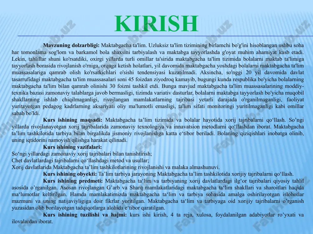 , buning uchun barcha imkoniyatlarni safarbar etishimiz shart deb, yozadi davlatimiz rahbari. demak, maktabgacha ta‘lim tizimini rivojlantirishda prezidentimiz asarlari va ma‘ruzalari hamda farmonlari va qarorlarida belgilangan vazifalar metodologik asos sifatida xizmat qiladi. maktabgacha ta‘lim va tarbiya tizimida xorijiy davlatlarning ilg’or tajribalarini o’rganish yuzasidan alohida adabiyotlar, tadqiqot ishlari juda kam, bu boradagi manbalarning faqatgina elektron resurslari mavjud bo’lib, ularni ham internetning turli veb saytlaridan topib, tarjima qilib o’rganish mumkin. masalan, bu mavzuda b.e.parmonov, i.g’.mamajonov, r.mamatovlar, , m.x.qilichovalar ilmiy izlanishlar olib borgan. b.e.parmonov ―maktabgacha ta‘lim tashkilotida bolalarni tarbiyalashda xorijiy tajribalarning psixologik jihatlari maqolasida xorijiy davlatlarning ilg’or tajribalarini yoritgan. jumladan, buyuk britaniya, rossiya federatsiyasi, yaponiya, germaniya kabi davlatlarining ilg’or tajriblarini tahliliy o’rgangan. i.g’ mamajonov, r.mamatovlar esa ―germaniya davlati ta‘lim tizimini o’rganishda qisman maktabgacha ta‘lim tizimiga oid ma‘lumotlarni kiritib o’tgan. m.x.qilichova maktabgacha ta‘lim va tarbiya sohasida amalga oshirilgan islohotlarning mazmun- mohiyatini hamda maktabgacha ta‘lim tashkilotlarida bolalarni tarbiyalashda xorijiy tajribalarning o’ziga xos jihatlarini o’rgangan. maktabgacha …