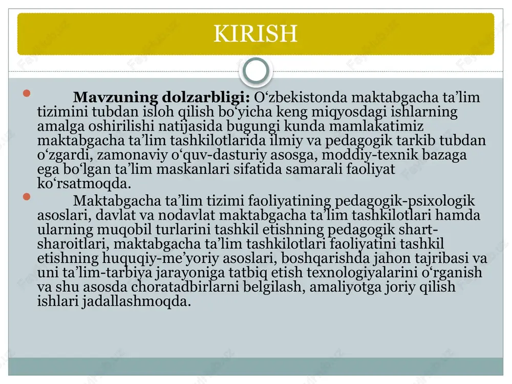 . shuningdek, o‘zbekiston respublikasi prezidenti sh.m.mirziyoyevning 2022-yil 28-yanvardagi “2022-2026-yillarga mo‘ljallangan yangi o‘zbekistonning taraqqiyot strategiyasi to‘g’risida”gi o‘zbekiston respublikasi prezidentining farmoni qabul qilinib, strategiyada ta’lim sifatini rivojlantirish masalasida ham bir qancha vazifa va maqsadlar belgilandi: iv adolatli ijtimoiy siyosat yuritish, inson kapitalini rivojlantirish yo’nalishida 39-maqsad: maktabgacha ta’lim tizimida ta’lim sifatini yangi bosqichga olib chiqish. mtt xodimlarining professional tayyorgarligi va mahoratini oshirib borishning takomillashtirilgan tizimini joriy etish. 2022 — 2026-yillarda 160 mingdan ziyod pedagog kadrlarning malakasini oshirish. maktabgacha ta’lim-tarbiya jarayonlarini ilmiy asoslangan yondashuvlar asosida takomillashtirish etib belgilandi dunyoda pedagogning professional kompetentligi va uning ilmiy- metodik ta’minotini shakllantirish, raqobatbardosh kadrlar tayyorlashning pedagogik-psixologik mexanizmlarini shakllantirishga oid qator, jumladan: maktabgacha ta’lim tashkilotlarida pedagoglarning kasbiy kompetentligini shakllantirishning pedagogik imkoniyatlari dunyoda pedagogning professional kompetentligi va uning ilmiy- metodik ta’minotini shakllantirish, raqobatbardosh kadrlar tayyorlashning pedagogik-psixologik mexanizmlarini shakllantirishga oid qator, jumladan: pedagogda professional kompetentlikni shakllantirish asosida mutaxassislarning individual imkoniyatlarini takomillashtirish; pedagoglarda kasbiy, kommunikativ, intellektual kompetentlikni rivojlantirish bo‘yicha psixologik ilmiy izlanishlar; …