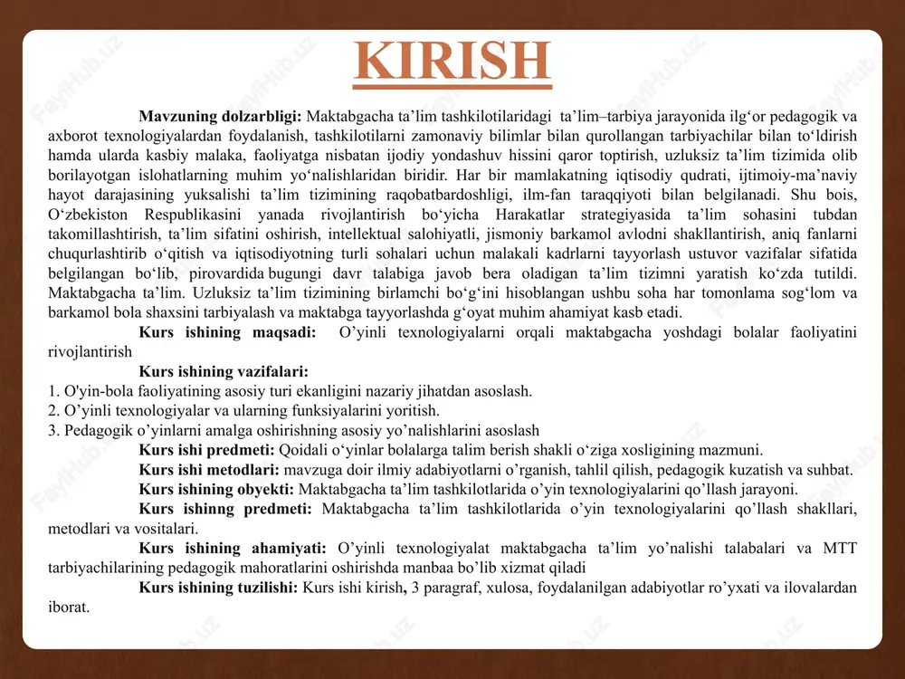 larida ovchilik, urush, dehqonchilik ishlarini aks ettirganlar. masalan, o'sha davrdagi ba’zi qabilalarning sholi sepish jarayoni o'yinlar bilan juda katta tantana qilib amalga oshirilar edi. y.a.komenskiy, k.d.ushinskiy, as.makarenko, p.f.lestgaflarning g'oyalari hozirgi zamon bolalar o'yinlari nazariyasi uchun ham ahamiyatlidir. «bolalar o'yini ko'p asrlik tarixga ega,- deb yozgan edi k.d.ushinskiy, - u insonning o'zi tomonidan ishlab chiqilgan qudratli tarbiyaviy vosita va shuning uchun ham unda inson tabiatining haqiqiy ehtiyoji ifodalangan». shokirov ismoiljon shunday qilib mtmning pedagogik jarayonda o'yinning tutgan o'rni juda katta bo'lib, o'yindan maktabgacha yoshidagi bolalarni tarbiyalash va ularga ta'lim berishda keng foydalaniladi. zero: - o'yin bolalarning mustaqil faoliyati bo'lib, unda bolaning ruhiyati namoyon bo'ladi; - o'yin maktabgacha taiim yoshidagi bolalar hayotini tashkil etish shaklidir; - o'yin bolalarni o'quv faoliyatiga tayyorlash vositasidir. - o'yin bolalarni har tomonlama tarbiyalash vositalaridan biridir; - o'yin bolalarga ta'lim va tarbiya berishning metod va usulidir; shokirov ismoiljon bolalarning o'zi yaratgan o'yindan kelib chiqadigan yoki kattalar tomonidan taklif …