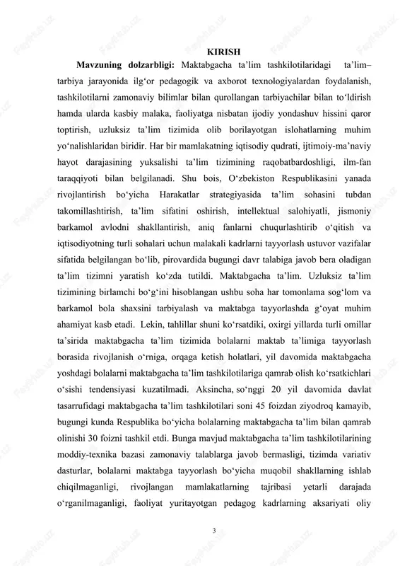 ning 2019-yil 8-maydagi “oʻzbekiston respublikasi maktabgacha taʼlim tizimini 2030 yilgacha rivojlantirish konsepsiyasi” va mazkur sohaga tegishli boshqa me’yoriy-huquqiy hujjatlarda belgilangan vazifalarni amalga oshirishda mazkur kurs ishi muayyan darajada xizmat qiladi. maktabgacha ta’lim tizimini tubdan takomillashtirish chora- tadbirlari to’g’risidagi pq – 3261 sonli qarori, o’zbekiston respublikasi maktabgacha ta’lim tizimini 2030-yilgacha rivojlantirish konsepsiyasini tasdiqlash to’g’risida”gi pq – 4312 sonli qarorlarining qabul qilinishi asosida maktabgacha ta’lim sohasida keng ko’lamli ishlar amalga oshirilmoqda maktabgacha ta’lim uzluksiz ta’limning boshlang’ich qismi hisoblanadi. u bolaning sog’lom va rivojlangan shaxs bo’lib shakllanishini ta’minlab, o’qishga bo’lgan ishtiyoqini uyg’otadi, tizimli o’qitishga tayyorlab boradi. shunday ekan, bu tizim faoliyatini yanada kuchaytirish, maktabgacha ta’lim tashkilotlarida har tomonlama qulay shart-sharotlar yaratish, ularga maktabgacha yoshdagi bolalarni keng jalb etish farzandlarimizning barkamol va yetuk shaxs bo’lib shakllanishida muhim o’rin tutadi. kurs ishining maqsadi: o’yinli texnologiyalarni orqali maktabgacha yoshdagi bolalar faoliyatini rivojlantirish kurs ishining vazifalari: 1. o'yin-bola faoliyatining asosiy turi ekanligini nazariy jihatdan asoslash. 2. o’yinli …