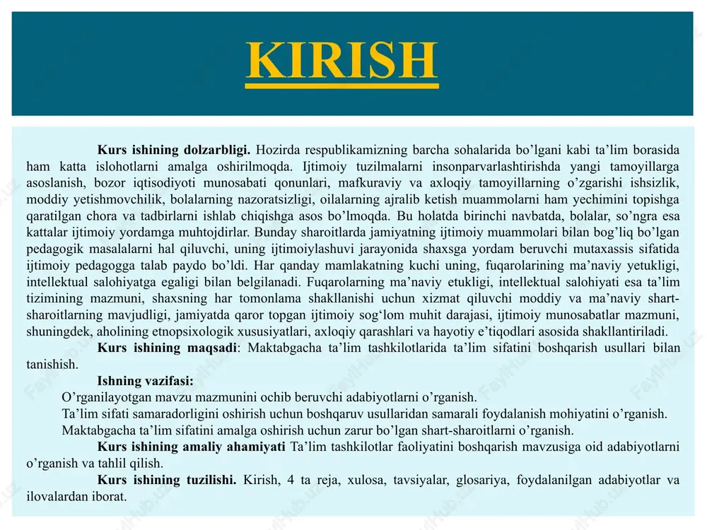 ar-texnika bilim yurtlari asosan ikkinchi razryadli, malakasi past ishchi kadrlarni tayyorlar edi. ularni ishlab chiqarishda yuqori malakali qilib «etishtirish» uchun ko’p vaqt va mablag’ talab etilardi. aqsh, germaniya, yaponiya, fransiya va boshqa rivojlangan mamlakatlar tajribasi barcha darajalardagi kadrlar tayyorlash sifati va ularning raqobatbardoshligiga: ta’lim, fan va ishlab chiqarishning jips aloqasi; ta’lim tashkilotlari tiplarining va fan, texnika, texnologiya hamda iqtisodiyotning eng so’nggi yutuqlari asosida ishlab chiqilgan kasb-hunar ta’limi dasturlarining xilma-xilligi; kasb-hunar ta’limi tizimini iqtisodiyotning ustuvor hamda daromad keltiradigan tarmog`iga aylantirish; ta’lim tashkilotlarini zamonaviy o’quv-uslubiy adabiyotlar hamda moddiy-texnika bazasi bilan ta’minlash; kasb-hunar ta’limi tizimiga yuqori malakali o’qituvchilar va mutaxassislarni jalb etish; ta’lim jarayonini kompyuterlashtirish va axborotlashtirish; kadrlar tayyorlash sifatini nazorat qilish va baholashning ob’ektiv tizimini qo’llash; aql-idrokning rivojlanishi, o’lchanishi va baholanishi, qobiliyatlar va shaxsiy fazilatlar muammosi, shuningdek, kasbga yo’naltirish muammosi bo’yicha psixologik-pedagogik tadqiqotlarni bajarish; o’qituvchilarning moddiy va ijtimoiy jihatdan yuqori darajada himoyalanganligi tufayli ta’minlanadi. ta’lim sifatini nazorat qilish va baholash baholashni ta’lim …