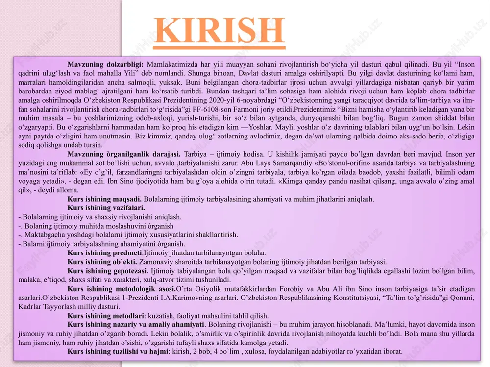 nihoyatda kuchli bo’ladi. bola mana shu yillarda ham jismoniy, ham ruhiy jihatdan o’sishi, o’zgarishi tufayli shaxs sifatida kamolga yetadi. kurs ishining tuzilishi va hajmi: kirish, 2 bob, 4 bo`lim , xulosa, foydalanilgan adabiyotlar ro`yxatidan iborat. bolalarning ijtimoiy va shaxsiy rivojlanishi. bolalarning ijtimoiy va shaxsiy rivojlanishi muammosi maktabgacha ta’lim nazariyasi va amaliyotida faol ishlab chiqilgan muammolardan biridir. shu bilan birga, hayot yo’lining har bir bosqichida, l.s. vygovskiyning fikriga ko’ra, rivojlanishning ma’lum ijtimoiy vaziyatlari bolaning uni o’rab turgan ijtimoiy voqelikka o’ziga xos munosabati sifatida shakllanadi. l.s.ning fikricha. vygovskiyning so’zlariga ko’ra, rivojlanishning ijtimoiy holati “to’liq va to’liq shakllar va yo’lni belgilaydi, buning natijasida bola yangi shaxsiy xususiyatlarni oladi, ularni ijtimoiy voqelikdan rivojlanishning asosiy manbai, ijtimoiy shaxsga aylanadigan yo’l sifatida oladi”. rivojlanishning ijtimoiy holati, shu jumladan munosabatlar tizimi, ijtimoiy o’zaro ta’sirning turli darajalari, faoliyatning turli turlari va shakllari shaxs rivojlanishining asosiy sharti sifatida qaraladi. bu holat inson tomonidan o’zgartirilishi mumkin, xuddi uning imkoniyatlariga mos …