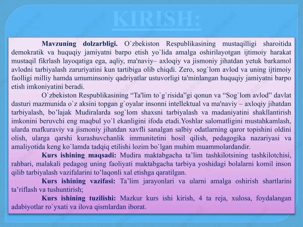 guruhga bo‘lib o‘rganish taklif qilinadi: biografik tavsif; qobiliyat; shaxs xislatlari. maktabgacha ta’lim tashkilotsi mudiri lavozimining malaka tavsiflari. maktabgacha ta’lim tashkilotsi mudiri lavozimining malaka tavsiflari lavozim vazifalari: maktabgacha ta’lim tashkilotsi umumiy faoliyatiga rahbarlik qilish; pedagogik jamoa va boshqa xodimlarni bolalar bilan olib boradigan tarbiyaviy ishlarda yuqori samaraga erishishini tashkil qilish; tarbiyaviy jarayonda mehnatni tashkil qilishning zamonaviy shakllaridan foydalanish; bolalarni boshlang'ich sinfda o'qitishga tayyorlash bo'yicha davlat talablariga muvofiq tarbiyalash dasturlarining bajarilishini nazorat qilish; bolalar sog'lig'ini mustahkamlash, ularni pedagogika va gigiyena talablariga muvofiq tarbiyalash va o'qitish uchun zarur shart-sharoitlarni yaratishni ta’minlash; pedagogik kengashga rahbarlik qilish, oilada farzand tarbiyasi masalalari bo'yicha ota-onalar bilan ishlashni tashkil qilish; sanitariya-gigiyena talablari, mehnatni muhofaza qilish, texnika va yong'in xavfsizligi qoidalariga rioya qilinishini ta'minlash; bolalarning ovqatlanishini, yozgi sog'lomlashtirish tadbirlarini tashkil qilish, tashkilotda tasdiqlangan rejaga muvofiq ish yuritishni tashkil qilish tarbiyalanuvchilar ro'yxati bo'yicha to'ldirilishini amalga oshirish; jihozlardan to'g'ri foydalanish, ularning hisobini yuritish va saqlashni ta’minlash; kadrlarni tanlash, joy-joyiga to'g'ri (optimal, …