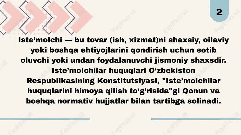 li. d) tanlash erkinligi isteʼmolchi turli tovar va xizmatlardan istaganini erkin tanlash huquqiga ega. e) da’vo va shikoyat qilish huquqi isteʼmolchi o‘z huquqlari buzilganda sud, isteʼmolchilar huquqlarini himoya qilish tashkilotlariga murojaat qilishga haqli. e) da’vo va shikoyat qilish huquqi isteʼmolchi o‘z huquqlari buzilganda sud, isteʼmolchilar huquqlarini himoya qilish tashkilotlariga murojaat qilishga haqli. f) zararni qoplashni talab qilish huquqi agar isteʼmolchi sifatsiz mahsulot yoki xizmatdan zarar ko‘rgan bo‘lsa, u zarar to‘liq qoplanishini talab qilish huquqiga ega. davlat: isteʼmolchilarning huquqlarini qonun bilan himoya qiladi. sifatsiz mahsulotlar va xizmatlarni ishlab chiqaruvchilarni javobgarlikka tortadi. maxsus agentlik va tashkilotlar (masalan, isteʼmolchilar huquqlarini himoya qilish jamiyatlari) orqali isteʼmolchilarga yordam beradi. sud tizimi orqali isteʼmolchilarning buzilgan huquqlarini tiklaydi. huquqlar buzilganda himoya va daʼvo qilish tartibi agar isteʼmolchining huquqlari buzilsa, u: 1. sotuvchiga yoki xizmat ko‘rsatuvchiga yozma yoki og‘zaki shikoyat qiladi. 2. isteʼmolchilar huquqlarini himoya qiluvchi tashkilotlarga murojaat qiladi. 3. sudga daʼvo arizasi bilan murojaat etadi. sud orqali: …