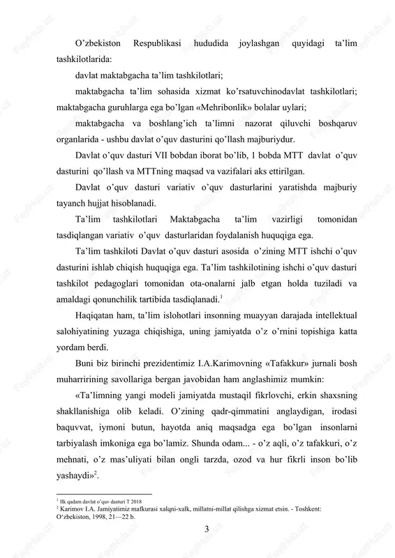 tegishli xulosa va tavsiyalar ishlab chiqish. kurs ishi ob’ekti: ilk qadam” o’quv dasturida ta’lim-tarbiya jarayoni rejalashtirilishi. kurs ishining amaliy va ilmiy ahamiyati: ushbu ishimizda , ilk qadam” o’quv dasturida ta’lim-tarbiya jarayoni rejalashtirilishi ni o`rganib chiqamiz va tahlil qilib ma`lumotlar yig`amiz. to`plangan ma`lumotlardan ertangi kunda tarbiyachilar va bo`lajak direktorlar foydalanishlari mumkin bo`ladi. kurs ishi tuzilishi. kurs ishi kirish, asosiy qism, xulosa va tavsiyalar, foydalanilgan adabiyotlar ro’yxati va ilovalardan iborat. 2 1. “ilk qadam” dasturining yaratilishi va uning ahamiyati. 1932-yil - bolalar bog’chasi programmasini dastlabki loyihasi ishlab chiqildi. bu bolalar bog’chasi ishini tartibga solishga, tarbiyachi faoliyatiga yo’nalish va mazmun berishga yordam beradi. 1934-yil - tarbiyalash programmasi va bolalar bog’chasi ichki tartib qoidalari nashr ettirildi, unda bolalar tashkilot•sidagi bolalar hayotini mazmunli va qiziqarli tashkil etish ma- salalariga e’tibor qaratilgan edi. programmada ijtimoiy, jismoniy, rasm, loy, mehnat, nutq o’stirish, kitob va rasmlar bilan mashg’ulotlar, dastlabki matematik tasawurlarni rivojlan•tirish, savod chiqarish bo’limlari mavjud edi, biroq …