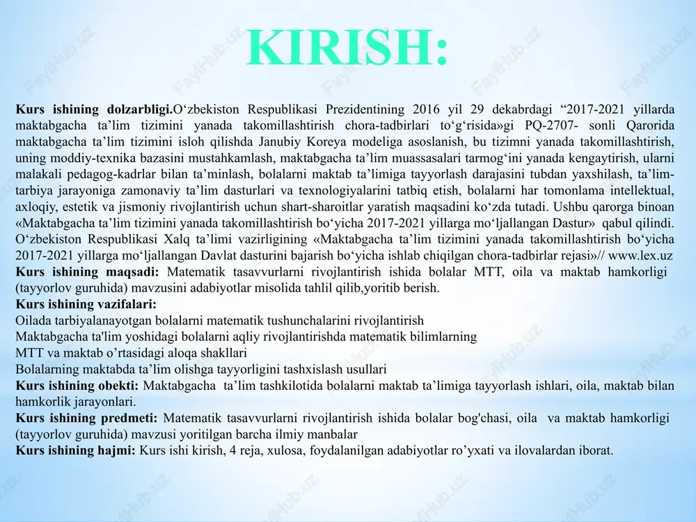 hi, oilaning moddiy ta’minotini yuritishigacha bo‘lgan eng zaruriy vazifalarini birma-bir bayon etadi. ota-onalar nazoratida bo‘lgan bolaning mas’uliyat hissi rivoj topadi. shu sababli ham bola tarbiyasida otaonaning mavqei alohida ahamiyatga egadir. ular tanlagan to‘g‘ri yo‘l farzandlarining kelajagi, kamoloti uchun nihoyatda muhimdir, deb hisoblaydi. jamiyatda farzandlarining xulq-atvoriga qarab ota-onalariga baho berilishini aytib o‘tadi. davlat arbobi va buyuk olim mirzo ulug‘bekning qarashlarida bolaning bilim olishiga bo‘lgan qiziqishi, havasini oshirishda u tarbiyalanayotgan muhit muhim o‘rin egallashini ta’kidlanadi. shunday ekan, avvalambor, bola tarbiyasida oila muhitini to‘g‘ri tashkil qilish darkor. kaykovus “qobusnoma” pandnomasida “o‘z farzandingning sening haqingda qanday bo‘lishini tilasang, sen ham ota-onang haqida shunday bo‘lgil, nedinkim sen ota-onang haqida ne ish qilsang, farzanding ham sening haqingda shundoq ish qilur, chunki farzand mevaga , ota-ona mevali daraxtga o‘xshaydir, “deb yoshlarni ota-onasini hurmat qilishga, e’zozlashga, mehr oqibatli bo‘lishga da’vat etadi. y.a.kamenskiy “onalar maktabi” kitobining “maktabga tayyorlash” bobida shunday yozadi: barcha insonlar bajaradigan ishlar ma’lum bir tayyorgarliklarni talab …