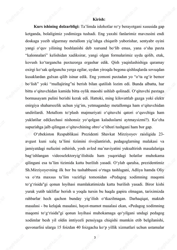 qil fikrlovchi erkin shaxsning shakllanishiga olib kelish. o`zining qadr-qimmatini anglaydigan, irodasi baquvvat, iymoni butun, hayotda aniq maqsadga ega bo`lgan insonlarni tarbiyalash imkon yaratish". kurs ishining predmeti. mazkur huquqiy negizlar asosida yaratilgan maktabgacha ta’lim konsepsiyasiga tayangan holda maktabgacha ta’limning tarkibi va mazmunini qayta ko’rib chiqish, jismoniy, ma’naviy va intellektual jihatdan barkamol, mustaqil fikrlaydigan yosh avlodni shakllantirish. kurs ishining obekti. kurs ishi loyihasining obekti sifatida mtt tashkiloti olindi. kurs ishining metodlari. 1. kuzatish. 1. suhbat. 1. .eksprement. 1. .savol- javob. 1. 5.anketa. kurs ishining tuzilishi. kirish, 5 paragraf, xulosalar, foydalanilgan adabiyotlar ro’yxati va ilovalardan iborat 1. o`zbekistonda maktabgacha ta’lim tashkilotlarini rivojlanish tizimi. o‘rta osiyoda xix asrning 80-90yillariga kelib, bolalar maktabgacha ijtimoiy tarbiyasi g‘oyalari yetila boshlandi. o‘sha davrda taraqqiyparvarlik kayfiyatidagi mahalliy ziyolilar mehnatkash ayollarning og‘ir ahvolini va bolalar nazoratsizligini ko‘rib, ularning qismatini yengillashtirishga intila boshladilar. bu ziyolilar vakillari 1872 yilda turkistonda tuzilgan “jamiyati xayriya” tarkibiga kirgan edilar. “jamiyati xayriya” tashkiloti tomonidan miskinlar uylari, …