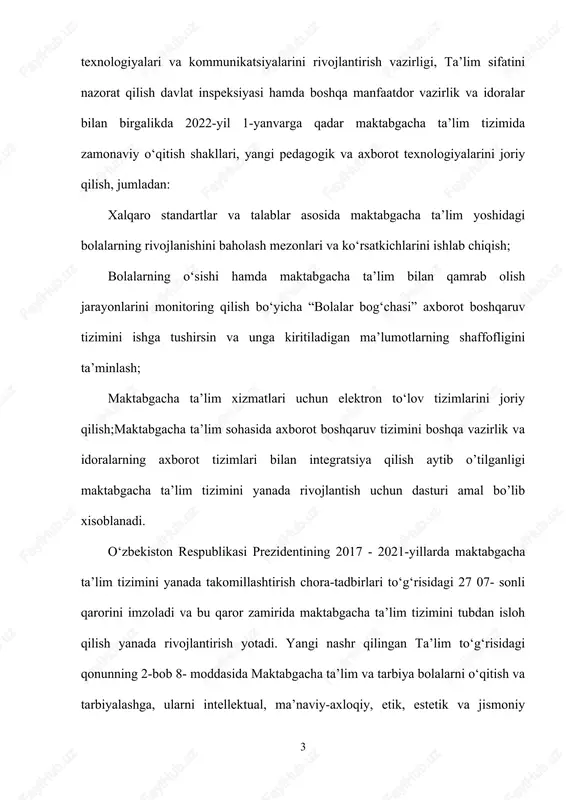 m ravishta o’rgatish. 3. maktabgacha ta’lim tashkilotlarining samaradorligini o’rganish kurs ishining predmeti. umumiy tipdagi davlat va nodavlat maktabgacha ta’lim tashkilotlarini tashkil qilish. kurs ishining obekti. kurs ishi loyihasining obekti sifatida mtt tashkiloti olindi. kurs ishining metodlari. 1. 1.kuzatish. 1. suhbat. 1. .eksprement. 1. .savol- javob. 1. 5.anketa. kurs ishining tuzilishi. kirish, 4 paragraf, xulosalar, foydalanilgan adabiyotlar ro’yxati va ilovalardan iborat. 4. davlat maktabgacha ta’lim tashkilotlari talim-tarbiya jarayonini tashkil etish. maktabgacha ta’lim tashkiloti uzluksiz ta'lim tizimining birinchi bosqichi, jamiyatning eng muhim ijtimoiy zaminidir. maktabgacha ta'lim muassasi bolalarni tarbiyalash va rivojlantirish, ularni maktabga tayyorlashda yetakchi o'rin tutadi. barcha turdagi maktabgacha ta’lim tashkilotilari o'zbekiston respublikasi prezidentining «2017 - 2021-yillarda maktabgacha ta'lim tizimini yanada takomillashtirish choratadbirlari to'g'risida»gi 2016-yil 29-dekabrdagi pq-2707-son qaroriga muvofiq vazirlar mahkamasi qarori asosida tashkil etiladi. davlat maktabgacha ta’lim tashkilotida ta’lim mazmuni maktabgacha ta'limga qo'yiladigan davlat talablariga asosan ishlab chiqilib, o'zbekiston respublikasi maktabgacha ta’lim vazirligi tomonidan tasdiqlangan yoki tavsiya qilingan dasturlar bilan …