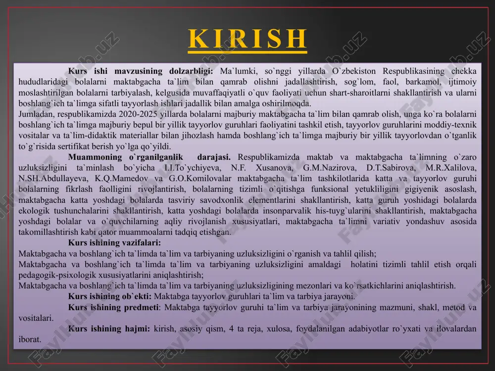 qadam qo`yayotganida nechog`li bilimga ega ekanligi emas, balki uning yangi bilimlarni egallashga tayyorligi, atrof olamga moslashish ko`nikmasi, voqea-hodisani mustaqil ravishda tahlil etishi muhimroq hisoblanadi. bolani biror narsaga o`rgatishgina emas, unda o`z kuchiga ishonchni orttirish, o`z g`oyasini himoya qilish, mustaqil ravishda bir qarorga kelish ko`nikmasini shakllantirish ham muhimdir. bola maktabgacha ta`limni uyda ota-onaning mustaqil ravishda ta`lim-tarbiya berishi orqali yoki maktabgacha ta`lim tashkilotlarida, shuningdek, maktabgacha ta`lim tashkilotlariga jalb qilinmagan bolalar uchun maktabgacha ta`lim tashkilotlarida, maktablarda, mahallalarda tashkil etilgan maxsus guruhlar yoki markazlarda oladi. maktabgacha yoshdagi bolalarning maktab ta`limiga o`tishi hamisha uning hayoti, axloqi, qiziqish va munosabatlarida jiddiy o`zgarishlarni yuzaga chiqaradi. shuning uchun maktabgacha yoshdagi bolalarni maktabgacha ta`lim tashkilotida yoki oilada maktab ta`limiga tayyorlash, uni murakkab bo`lmagan bilim, ko`nikma va malakalar bilan tanishtirish kerak bo`ladi. bunday tanishtiruv moslashuv davrining jiddiy qiyinchiliklaridan xalos bo`lishga yordam beradi. maktab bilan mtt o`rtasidagi uzviy aloqa murakkab va ko`p tomonlama tuzilishga ega. unda ta`lim-tarbiyaviy ishlarning mazmuni, metod va …