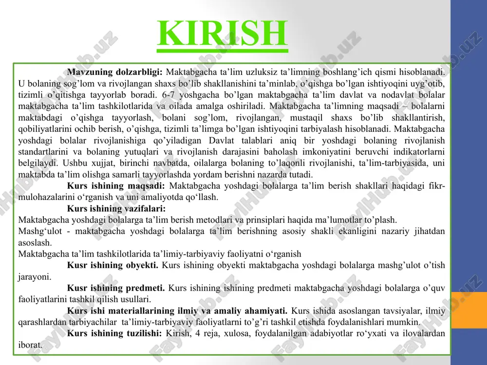 orlash; bolalarning sog‘lom va har tomonlama kamol topib shakllanishini ta’minlash hamda unda o‘qishga intilish hissini uyg‘otish; bolalarning har tomonlama rivojlanishi uchun integral ta’limni tashkil etish; shaxsga yo‘naltirilgan ta’lim-tarbiyani amalga oshirish; bolalarni xalqimizning boy madaniy-tarixiy merosi va umumbashariy qadriyatlar asosida ma’naviy-axloqiy jihatdan tarbiyalash uchun shart-sharoitlar yaratish; bolalarni maktabda o‘qishga tayyorlashda ularning ota-onalari bilan o‘zaro hamkorlik qilish hamda ota-onalarga amaliy jihatdan ko‘maklashish; bolalarda ijtimoiy-kommunikativ, axloqiy, estetik, intellektual, jismoniy sifat va salohiyatlarni uyg‘otish hamda rivojlantirish; bolalarni sog‘lom turmush tarzi bilan tanishtirish; bolalarda mustaqillik, mas’uliyatlilik, tashabbuskorlik xislatlarini shakllantirish; bolalarga dunyo haqida tushunchalar berish va tasavvurlarini kengaytirish; bolalarning yoshi, individual, psixologik va jismoniy xususiyatlari hamda qobiliyatini inobatga olgan holda ta’lim-tarbiya jarayonini tashkil qilish. mashg‘ulot - maktabgacha yoshdagi bolalarga ta’lim berishning asosiy shakli mashg‘ulot ta’lim tashkilotida bolalarga ta’lim berishning asosiy shaklidir. mashg‘ulot – pedagogning bolalarni kerakli bilim va malakalardan frontal holda xabardor qilishidir. tarbiyachi bolalarga ta’lim berishni kun davomida amalga oshiradi: ularning bilimlarini boyitadi, madaniy, gigienik, …