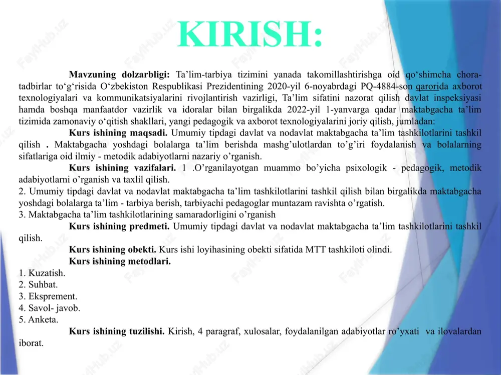 oshiriladi. xodimlarning vazifalari lavozim yo'riqnomasi va tarmoq tarif-malaka ma'lumotnomasida belgilab qo'yiladi. davlat maktabgacha ta’lim tashkilotining pedagog xodimlari quyidagi huquqlarga ega: davlat maktabgacha ta’lim tashkilotini boshqarishda o'z ustavida belgilanadigan tartibda qatnashish; o'z kasbiy sha'ni va qadr-qimmatini himoya qilish. pedagog xodimlar qonun hujjatlariga muvofiq boshqa huquqlarga ham ega bo'lishi mumkin. pedagog xodimlar quyidagilarga majbur: ta'lim-tarbiya jarayoniga zamonaviy ta'lim dasturlarini tatbiq etish; ilg'or xorijiy tajribani hisobga olgan holda bolalarni har tomonlama intellektual, axloqiy, estetik va jismoniy rivojiantirish bo'yicha o'ziga yuklatilgan vazifalar doirasida shart-sharoitlar yaratish; bolalarga yuqori professional darajada ta'lim-tarbiya berish orqali maktabgacha ta'lim sifatini oshirish; pedagog axloq-odobiga rioya qilish, bolaning qadr-qimmatini hurmat qilish, bolalarni tazyiqdan himoya qilish, ularni mehnatga, ota-onaga hurmat, atrof-muhitga ehtiyotkorlik bilan munosabatda bo'lish ruhida tarbiyalash; o'zining kasbiy ko'nikmalarini va pedagogik mahoratini doimiy ravishda takomillashtirish hamda belgilangan muddatlarda o'z malakasini oshirib borish. pedagog xodimlar qonun hujjatlariga muvofiq boshqa majburiyatlar ham olishi mumkin. muhim muammoning yechimini topishga yordam beradi va «qanday» savoli …