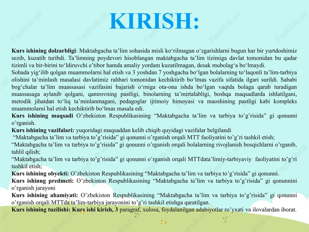 orlash tizimini isloh qilish zarurligi belgilandi. shu bois o'zbekiston respublikasi oliy majlisining ix sessiyasida yangi tahrirdagi o'zbekiston respublikasining «ta'lim to'g'risida»gi qonuni qabul qilindi. 2020 yil 23 sentabrda qabul qilingan “ta’lim to‘g‘risida”gi qonunda ta’lim sohasida hozirgi davrdagi amalga oshirilgan islohotlar o‘z aksini topdi. qonun loyihasini takomillashtirish davomida 238 ta norma va qoida qayta ko‘rib chiqildi, idoraviy normativ-huquqiy hujjatlarni qisqartirish imkoniyatidan foydalangan holda 123 ta norma loyiha tarkibidan chiqarildi hamda 54 ta to‘g‘ridanto‘g‘ri amal qiluvchi modda bilan almashtirildi. shuningdek, ma’muriy byurokratik mexanizmga doir 7 ta modda butunlay chiqarib tashlandi. mazkur qonunda ushbu yangi norma va qoidalar o‘z aksini topishi natijasida qonun 11 bob va 75 moddadan iborat tartibda ishlab chiqildi. axborot kommunikatsiya texnologiyalaridan, o‘qitish va tarbiyaning ilg‘or hamda innovatsion shakllari va usullaridan foydalanishi • ishlab chiqarishdan ajralmagan holda ta’lim olish, ya’ni sirtqi, kechki, masofaviy, oilada va mustaqil ta’lim olish • katta yoshdagilarni o‘qitish va ularga ta’lim berish, • ta’limning nodavlat shaklini rivojlantirish …